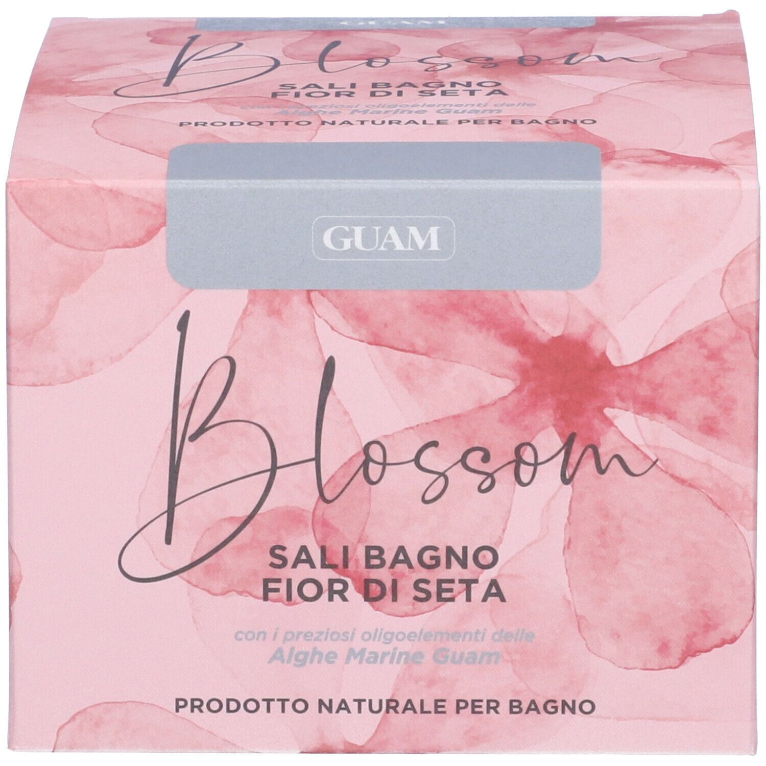 Confezione rosa con testo. Testo: GUAM, Blossom, Sali Bagno Fior Di Seta, Prodotto.
