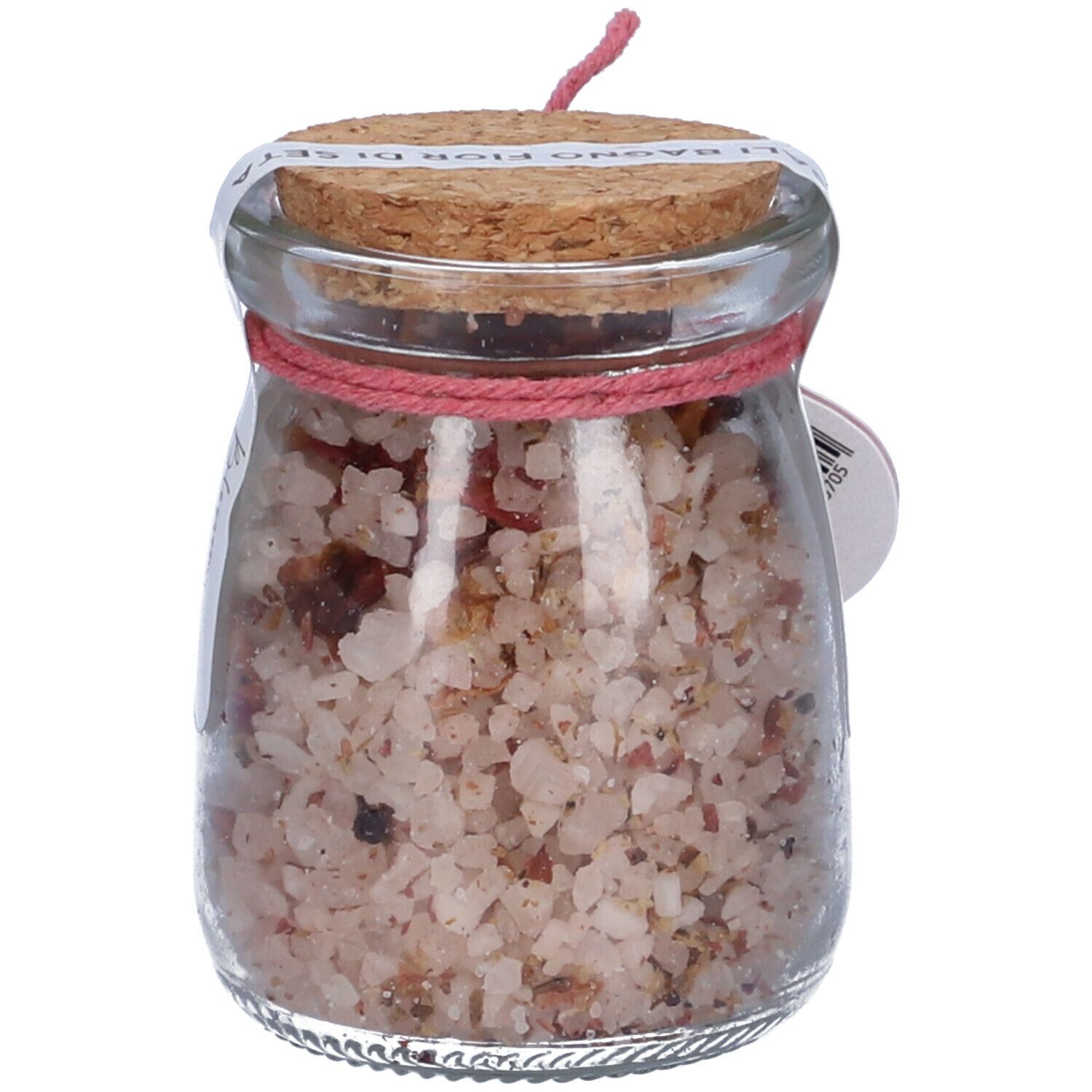 Vasetto di vetro con sali da bagno. Tappo in sughero, cordino rosa ed etichetta con informazioni sul prodotto. GUAM Blossom Sali Bagno Fior di Seta.