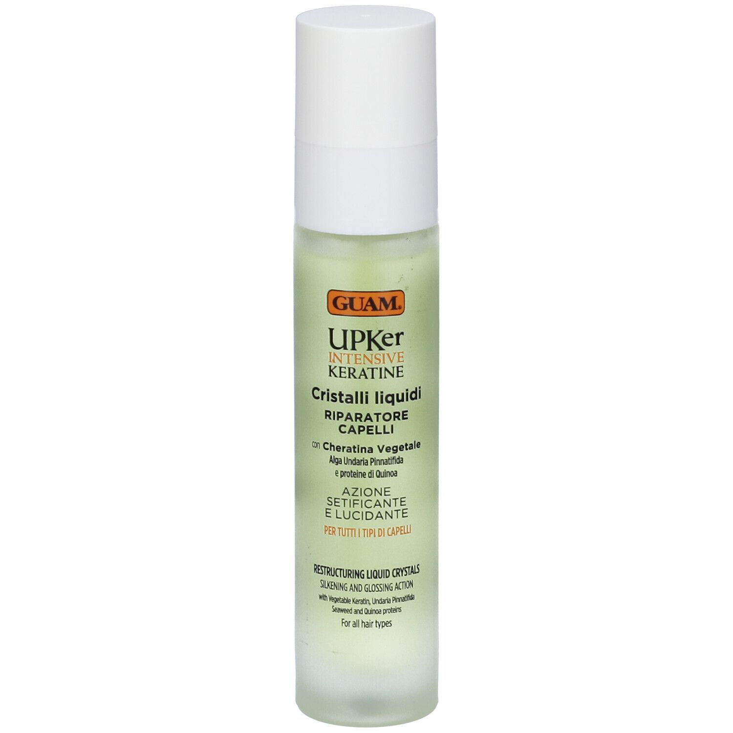 Flacone cilindrico con tappo bianco. Scritte: GUAM UPKer Intensive Keratine, Cristalli liquidi, Reparatore Capelli. Per tutti i tipi di capelli.