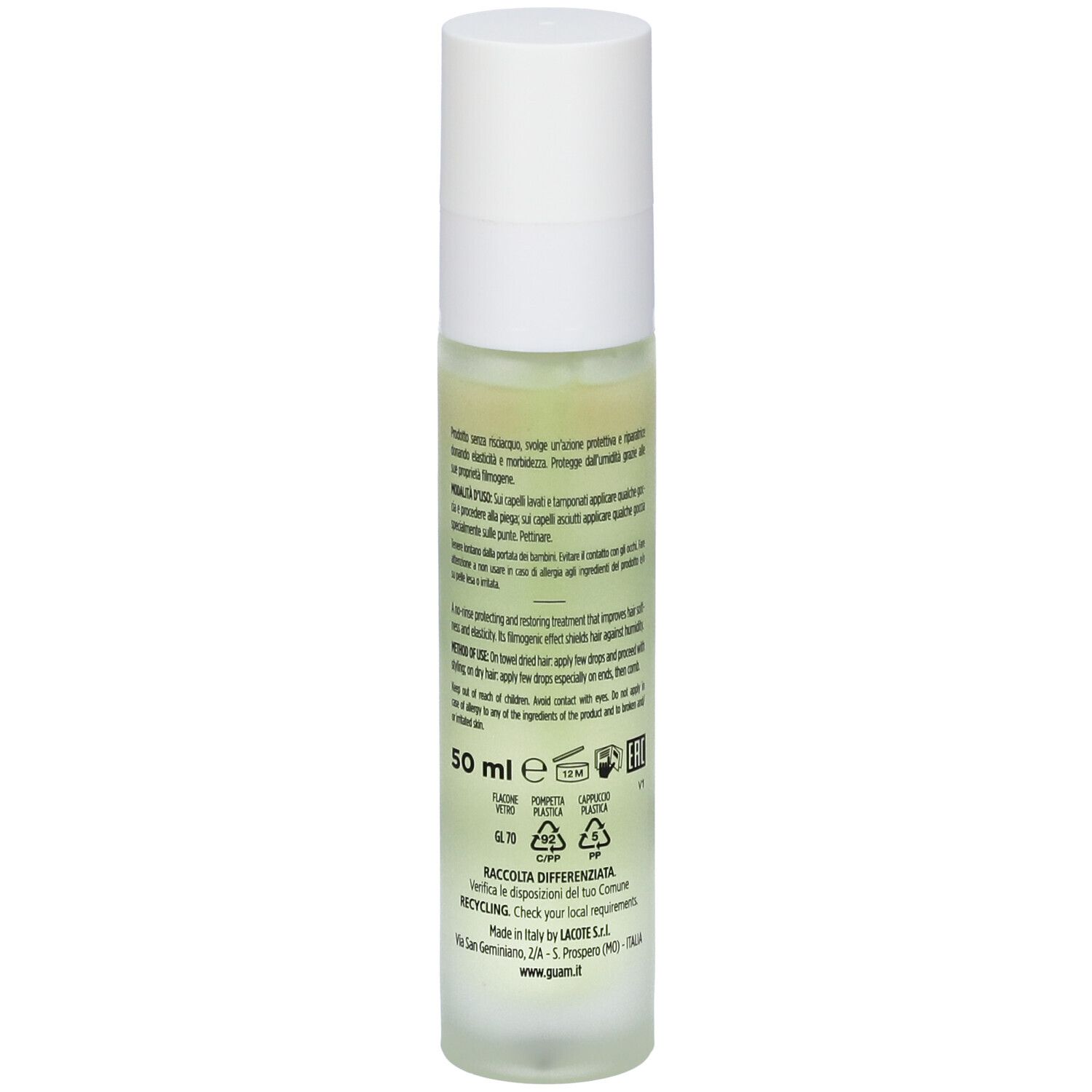 Retro del flacone. Testo in italiano. 50 ml. Simboli di riciclaggio. Flacone con liquido verdognolo.