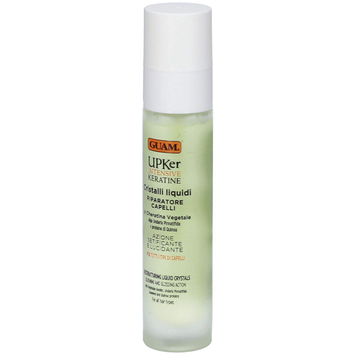 Flacone cilindrico con tappo bianco. Scritte: GUAM UPKer Intensive Keratine, Cristalli liquidi, Reparatore Capelli. Per tutti i tipi di capelli.