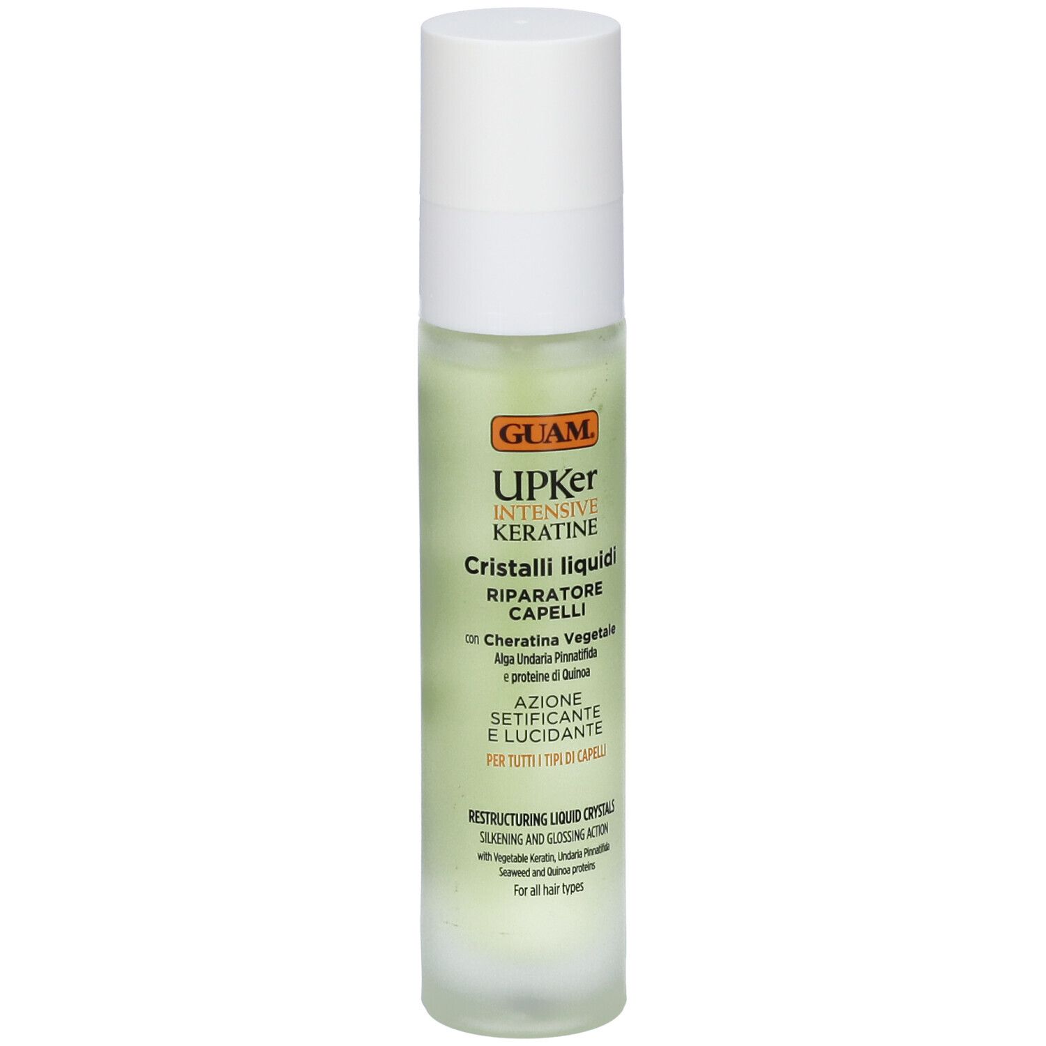 Flacone cilindrico con tappo bianco. Scritte: GUAM UPKer Intensive Keratine, Cristalli liquidi, Reparatore Capelli. Per tutti i tipi di capelli.