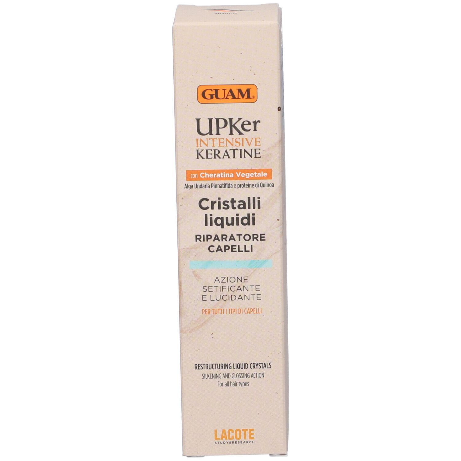 Confezione del prodotto. Scritte: GUAM UPKer Intensive Keratine, Cristalli liquidi, Reparatore Capelli. Con logo Lacote.