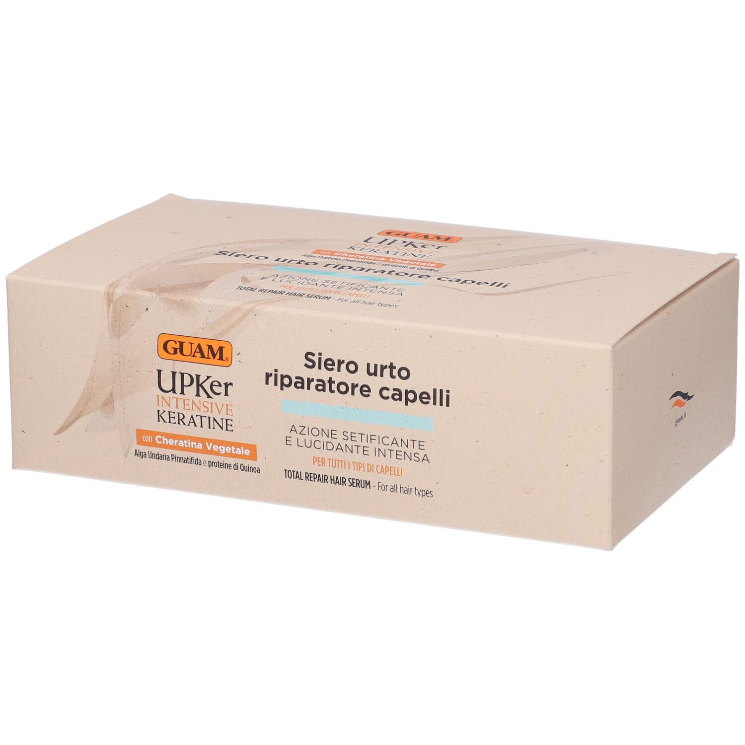 Scatola GUAM Upker Intensive Keratine Siero Urto Riparatore Capelli. Testo e logo sulla confezione.