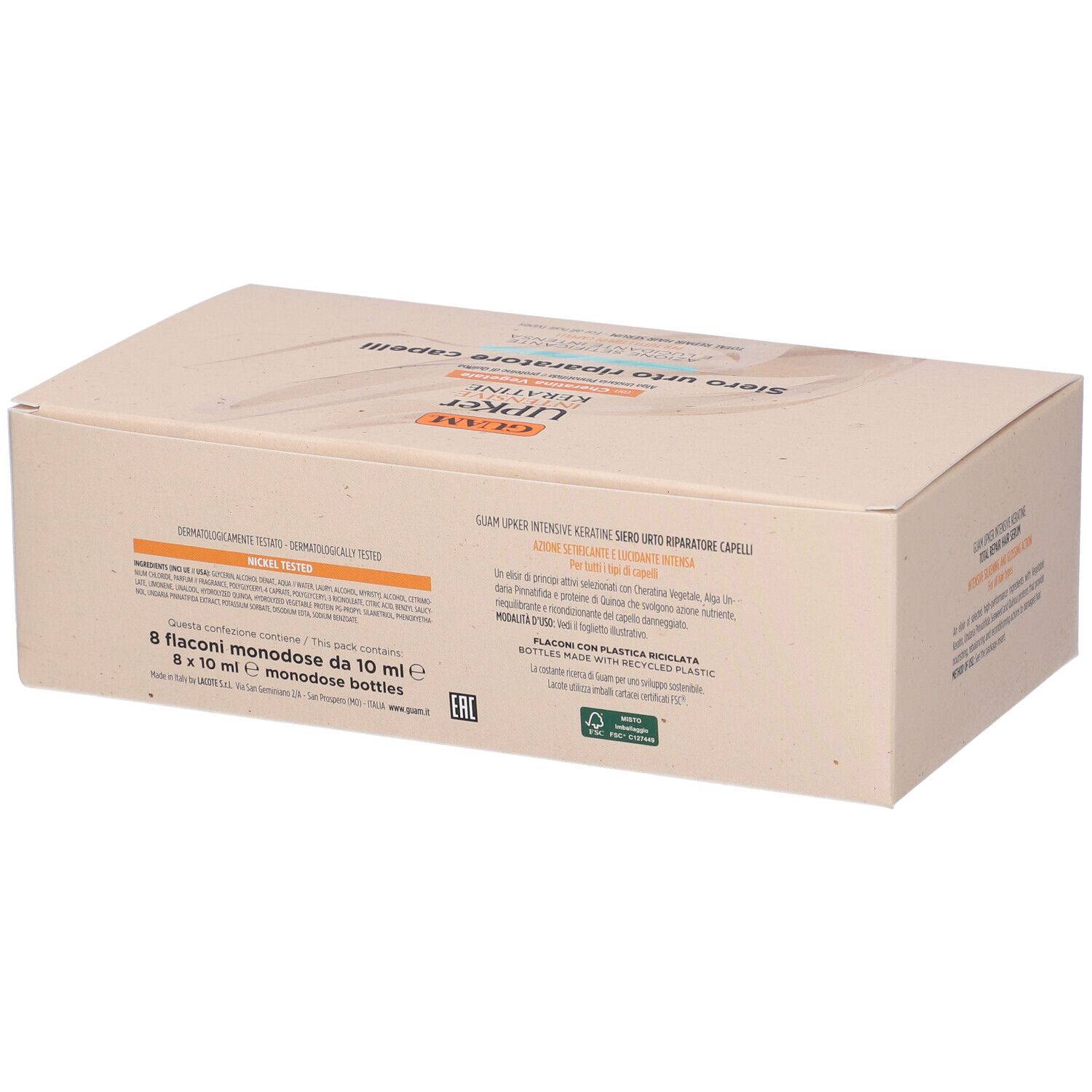Scatola GUAM Upker Intensive Keratine Siero Urto Riparatore Capelli. Testo e logo sulla confezione. Retro con informazioni.