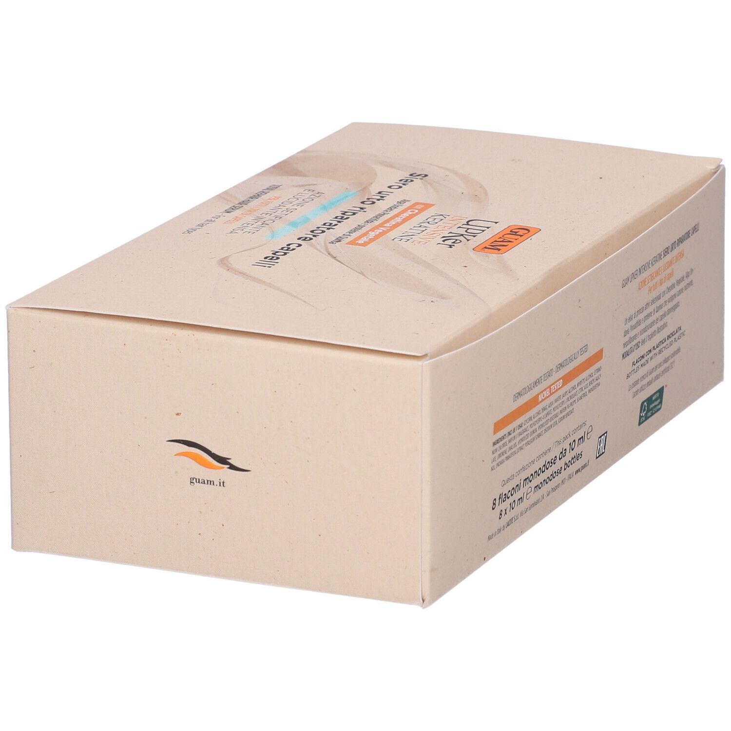 Scatola GUAM Upker Intensive Keratine Siero Urto Riparatore Capelli. Testo e logo sulla confezione. Vista laterale.