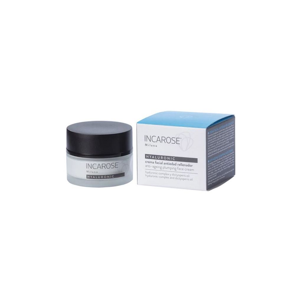 Vasetto di crema con coperchio nero e scatola. Sul vasetto si legge "INCAROSE" e "HYALURONIC".