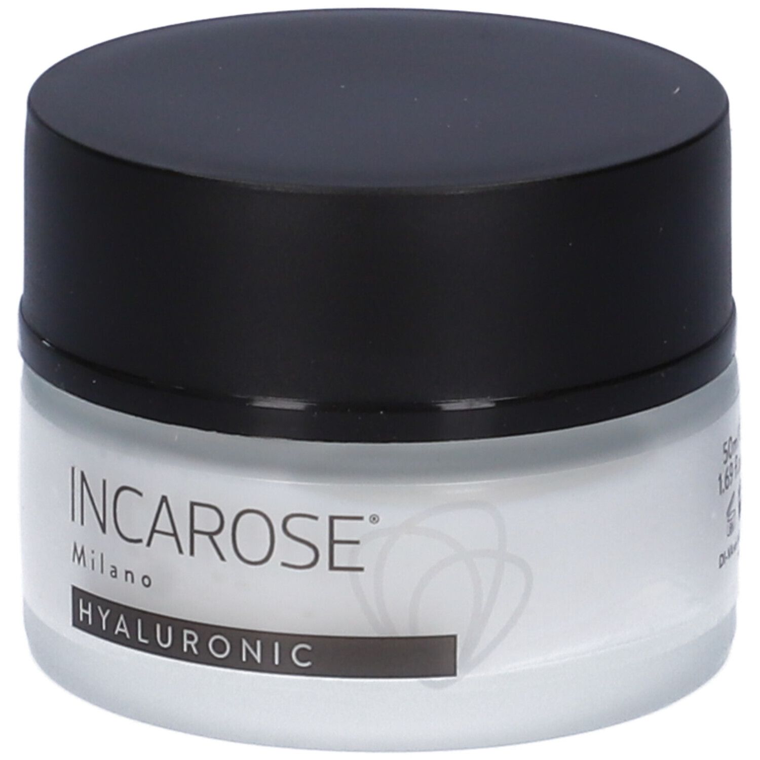 Primo piano di un vasetto di crema con coperchio nero. Sul vasetto si legge "INCAROSE Milano HYALURONIC".