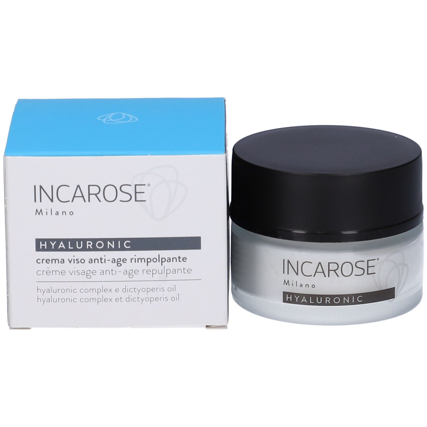 Vasetto di crema con coperchio nero e scatola. Sul vasetto si legge "INCAROSE Milano HYALURONIC".