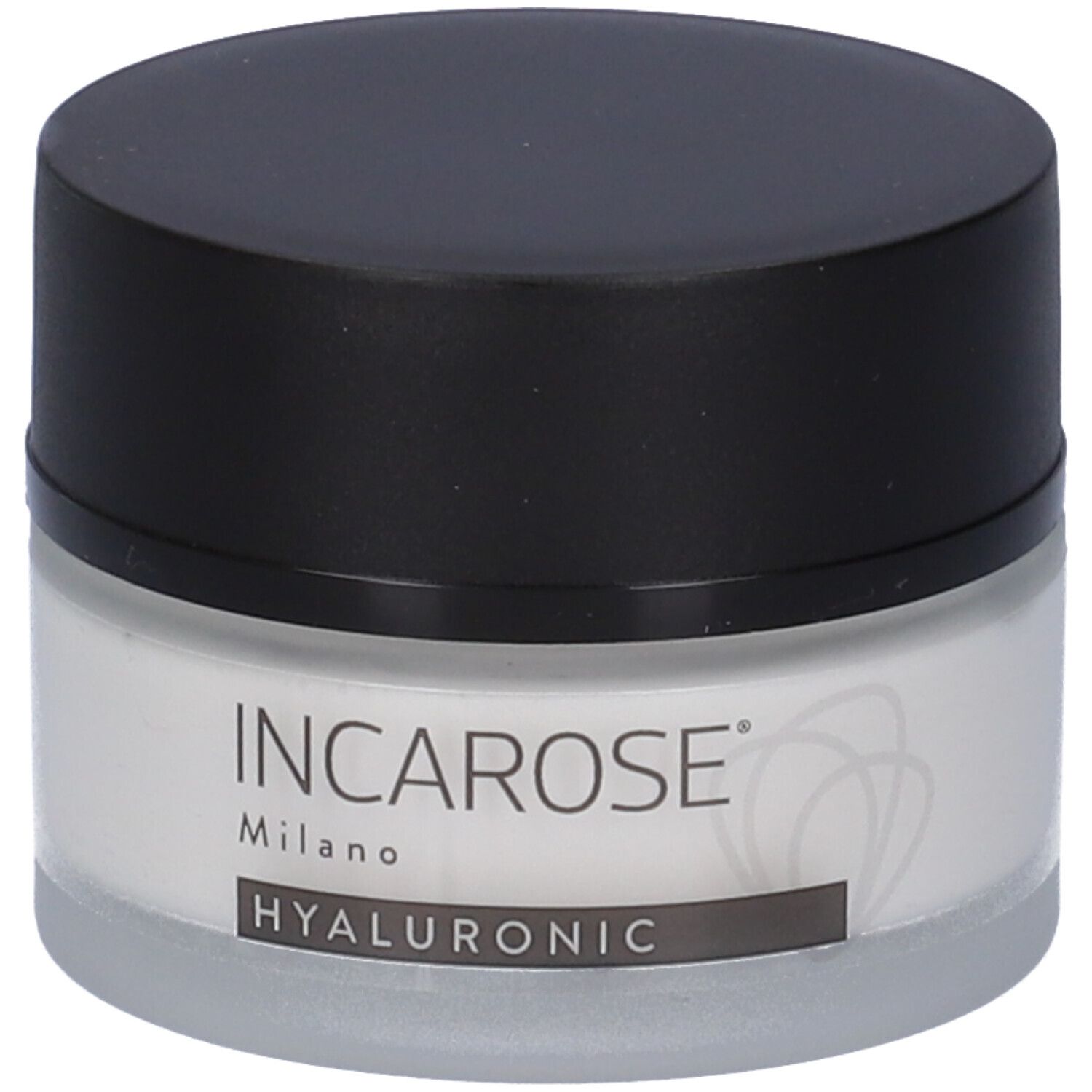 Vasetto di crema con coperchio nero. Scritta: INCAROSE Milano HYALURONIC.