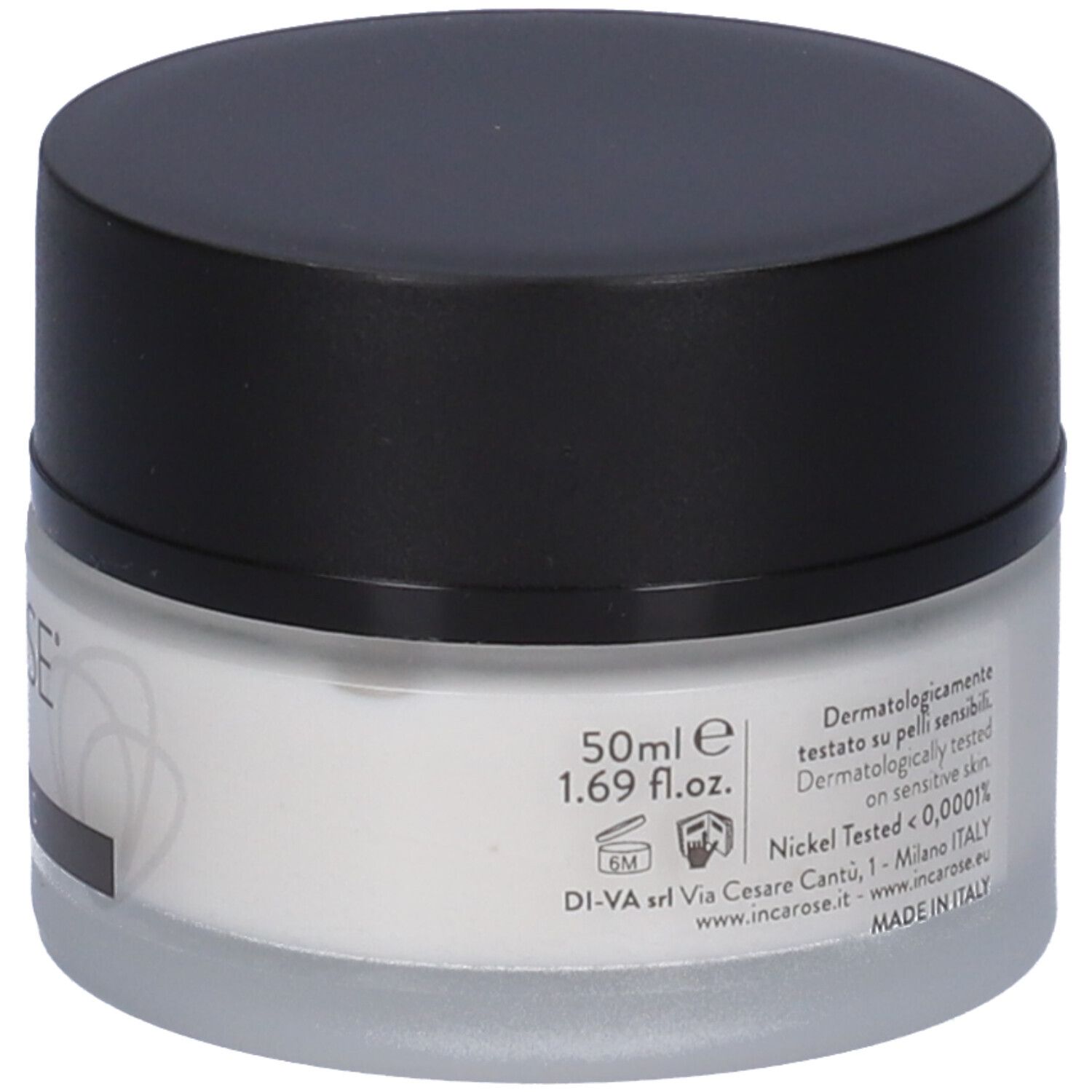 Vasetto di crema con coperchio nero. Testo: 50ml, 1.69 fl.oz., Dermatologisch getestet.