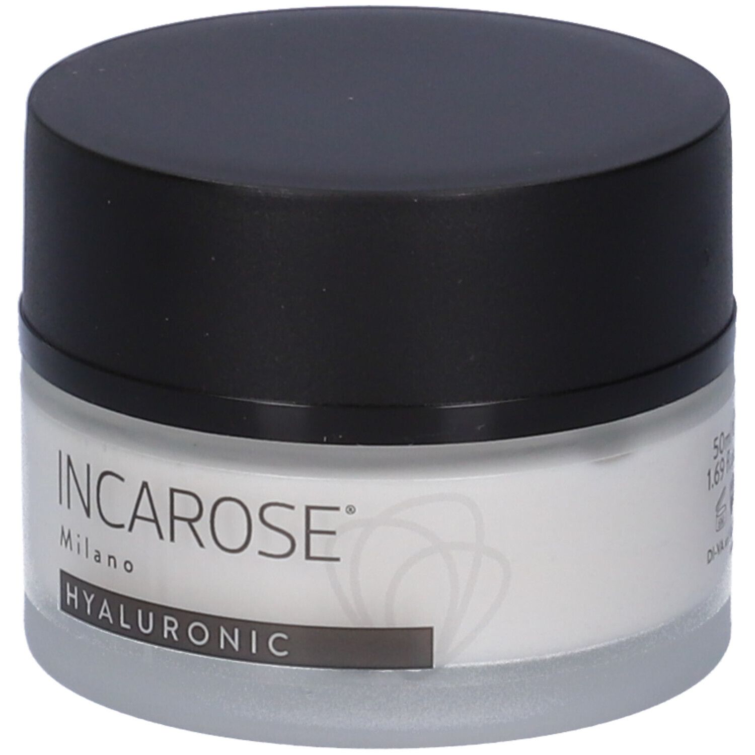 Vasetto di crema con coperchio nero. Scritta: INCAROSE Milano HYALURONIC.