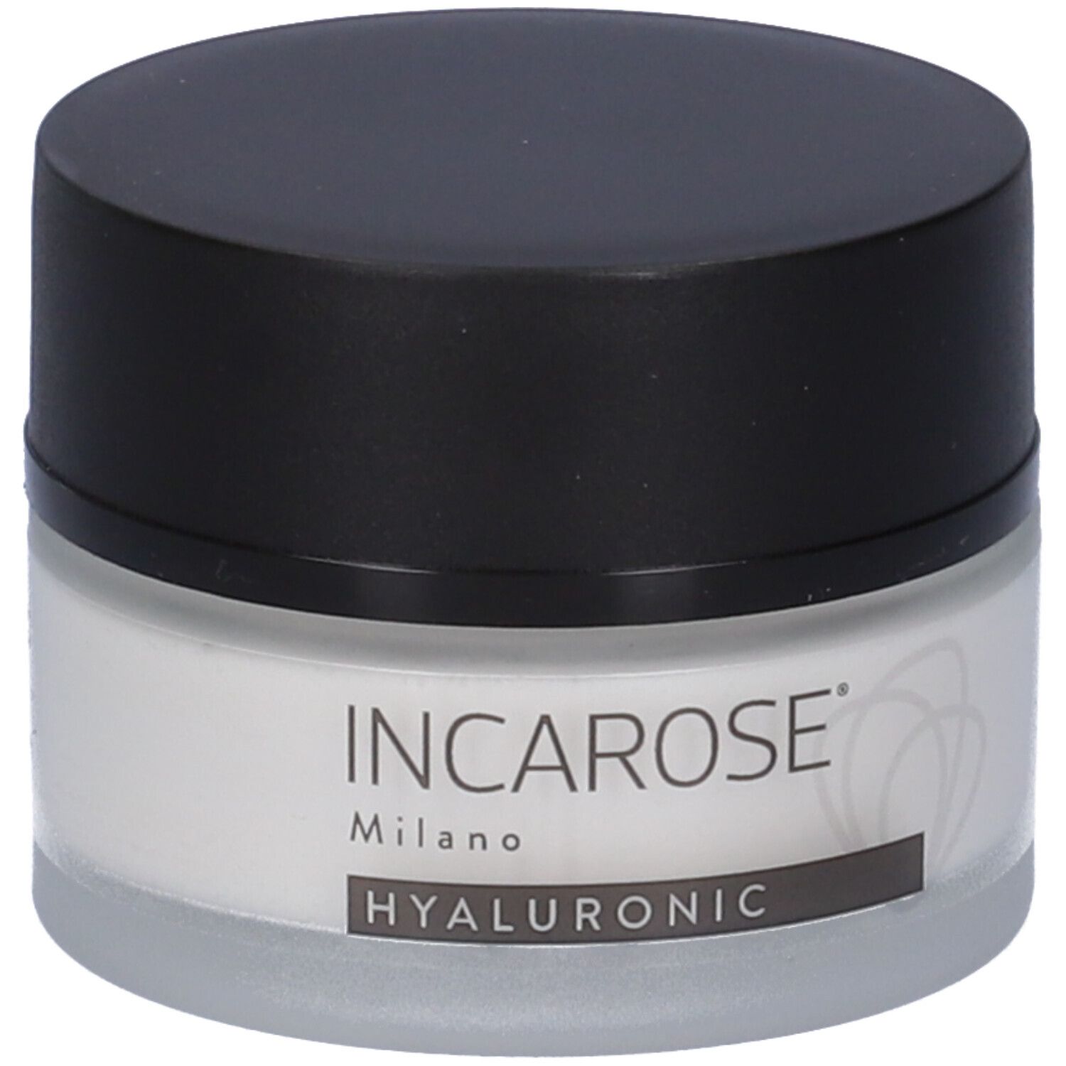 Vasetto di crema con coperchio nero. Scritta: INCAROSE Milano HYALURONIC.
