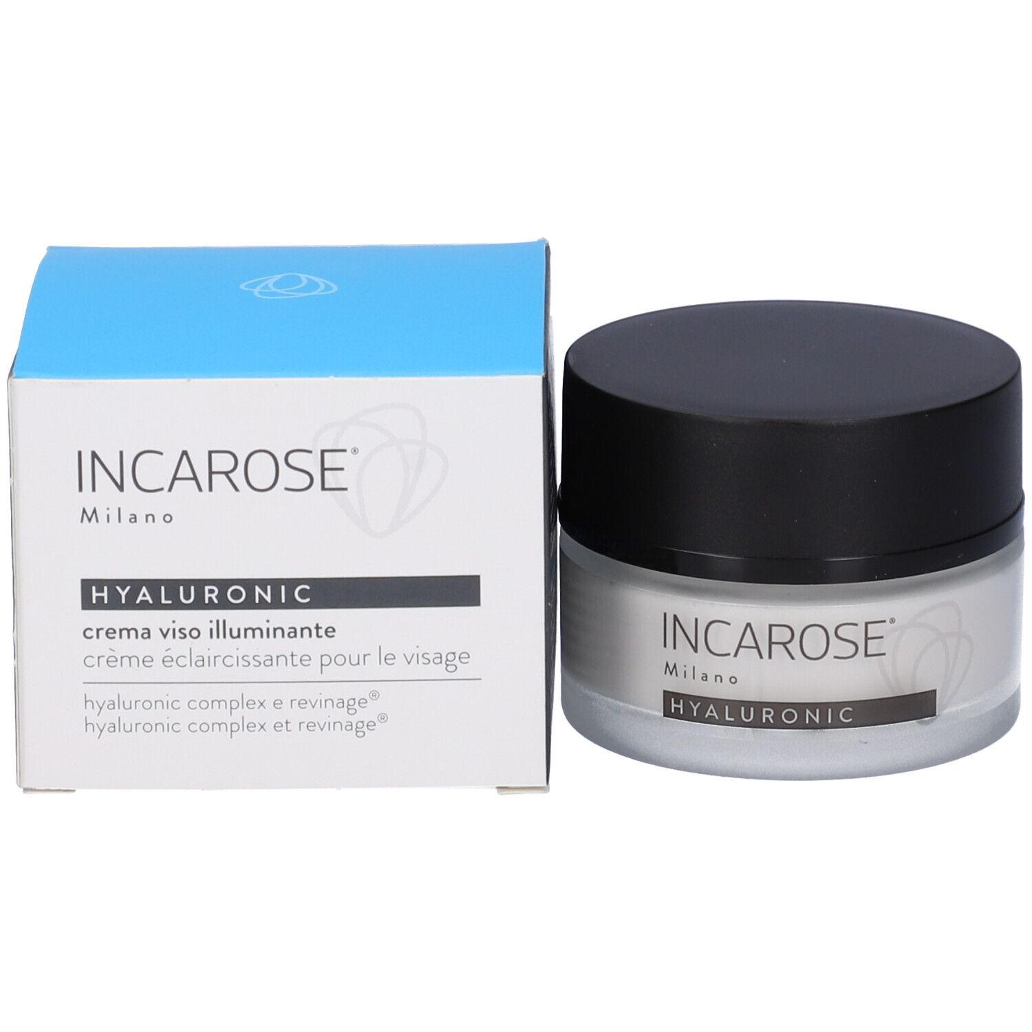 Vasetto di crema e scatola. Scritta: INCAROSE Milano HYALURONIC, crema viso illuminante.