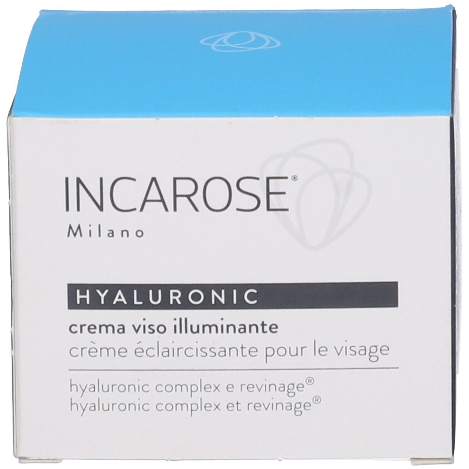 Scatola con scritta: INCAROSE Milano HYALURONIC, crema viso illuminante.