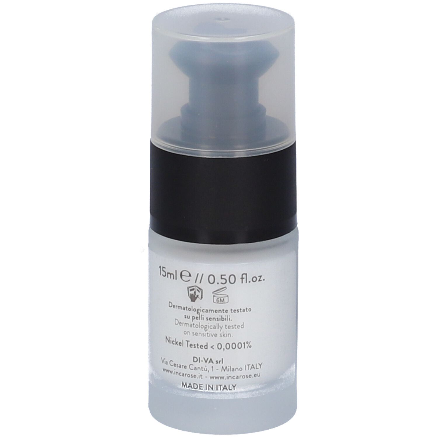 Incarose Hyalur Contorno Occhi. Flacone con pompa. Bianco, nero e trasparente. Testo: 15ml, dermatologicamente testato.