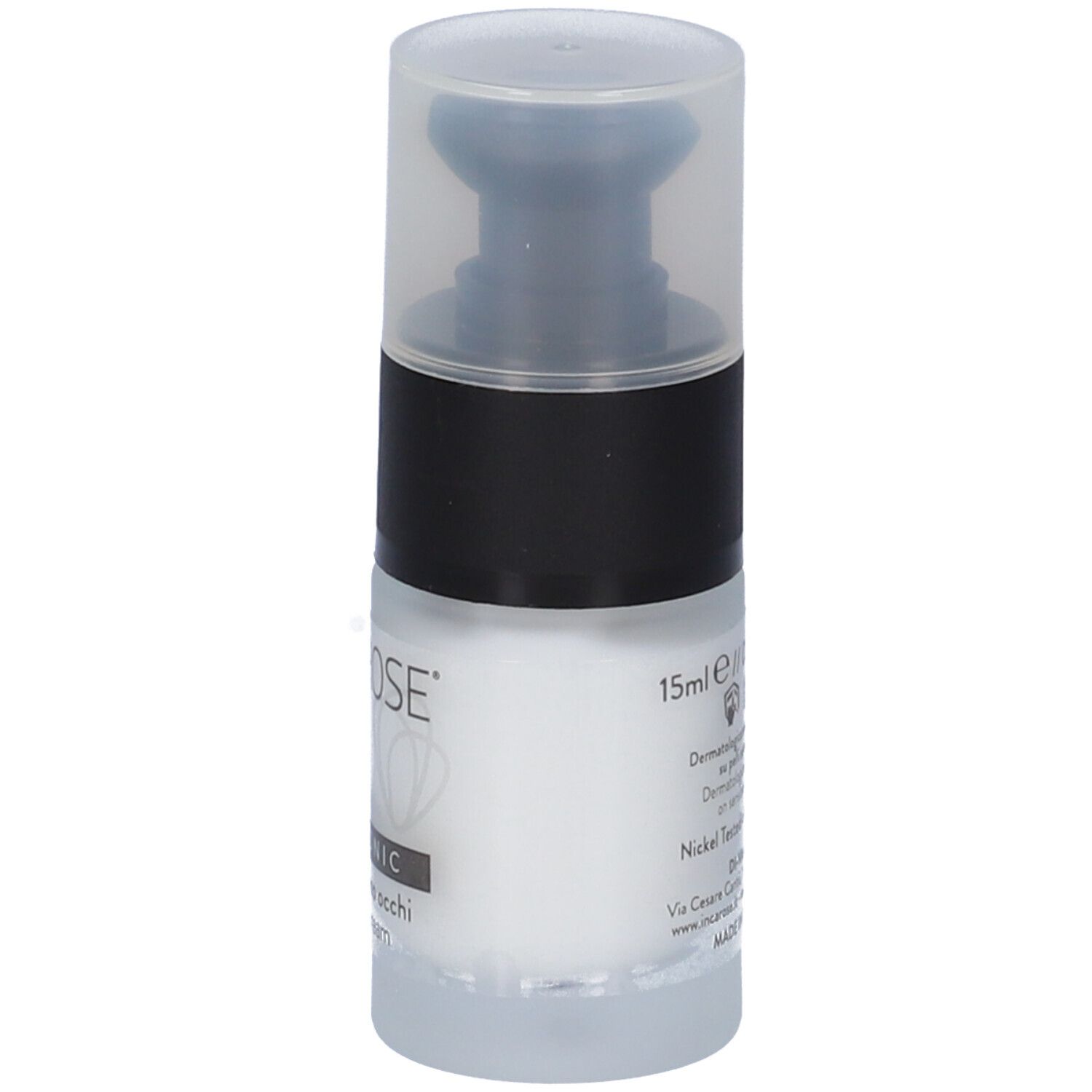 Incarose Hyalur Contorno Occhi. Flacone con pompa. Bianco, nero e trasparente. Testo: 15ml, dermatologicamente testato.