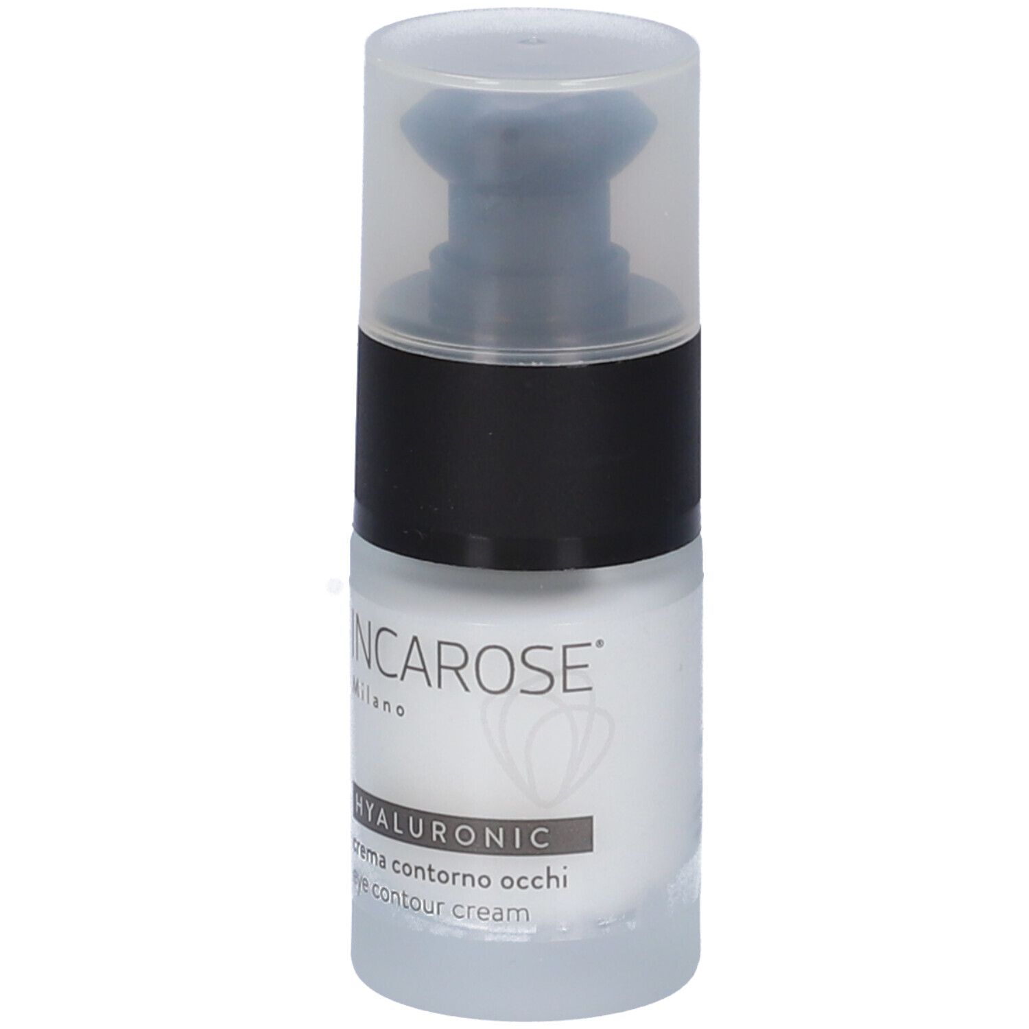 Incarose Hyalur Contorno Occhi. Flacone con pompa. Bianco, nero e trasparente. Testo: Acido ialuronico, crema contorno occhi.