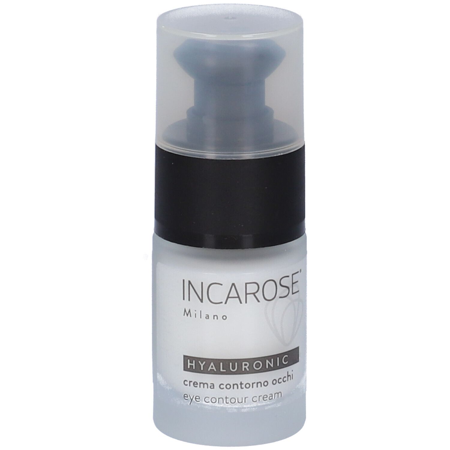 Incarose Hyalur Contorno Occhi. Flacone con pompa. Bianco, nero e trasparente. Testo: Acido ialuronico, crema contorno occhi.