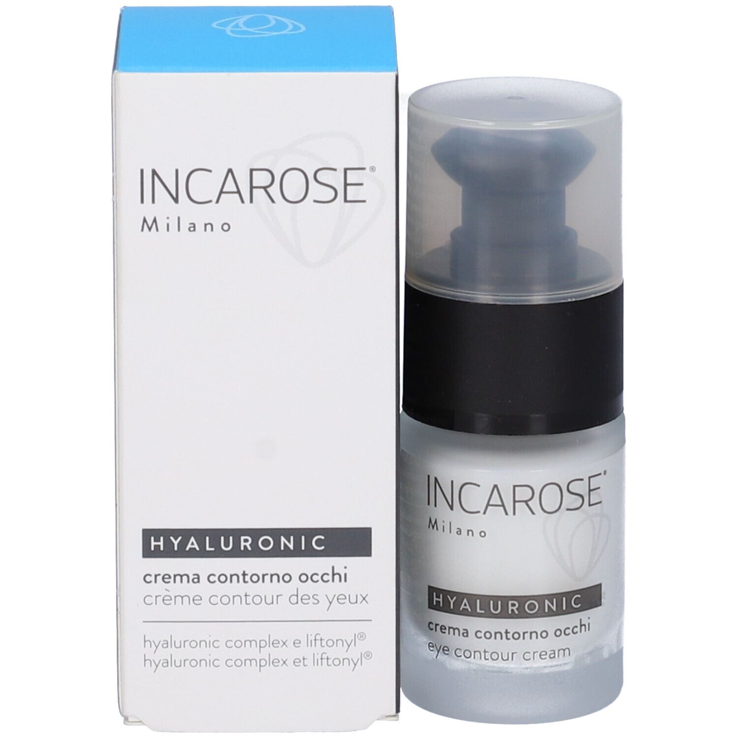 Incarose Hyalur Contorno Occhi. Flacone e confezione. Bianco, nero, blu. Testo: Acido ialuronico, crema contorno occhi.