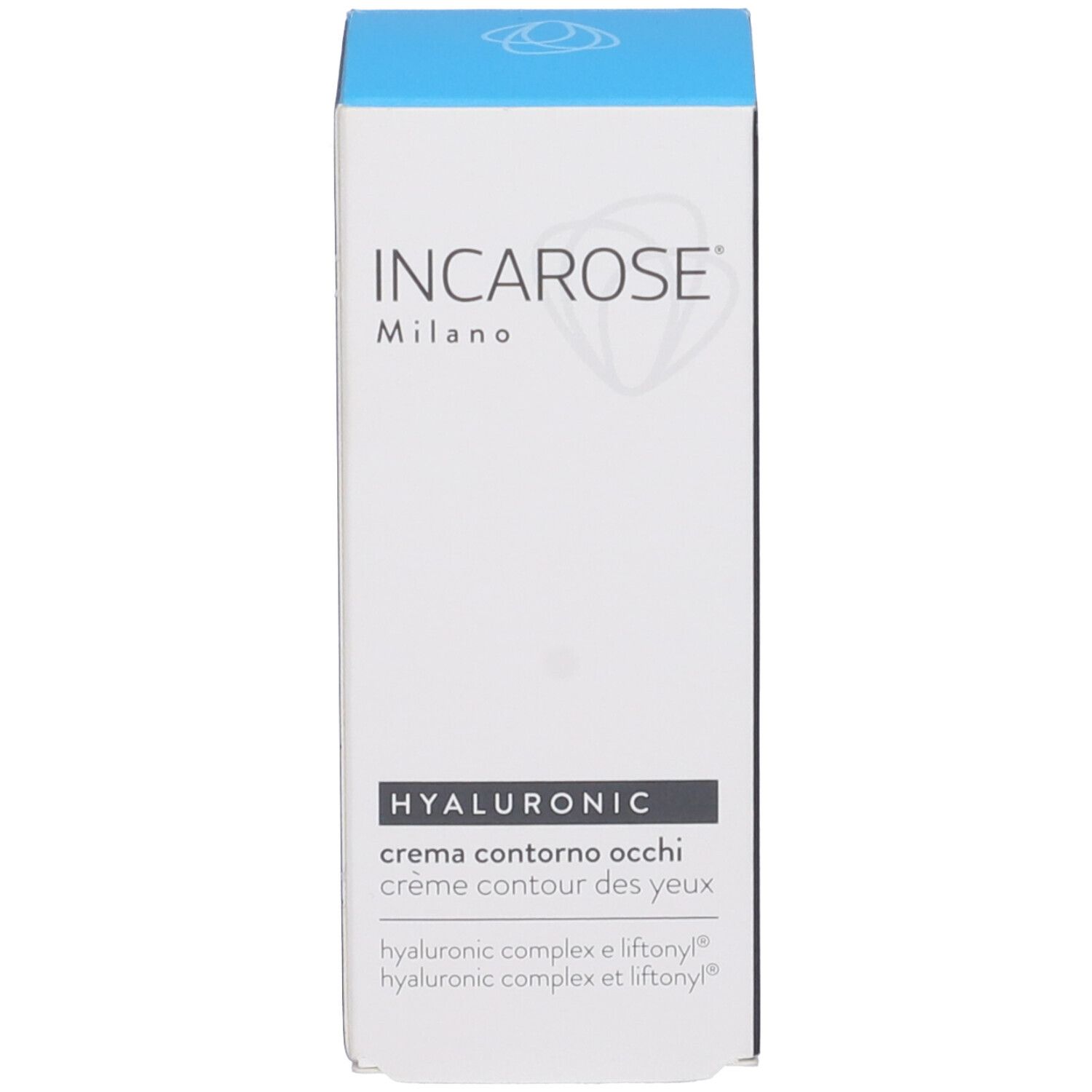 Incarose Hyalur Contorno Occhi. Confezione. Bianco, blu. Testo: Acido ialuronico, crema contorno occhi.