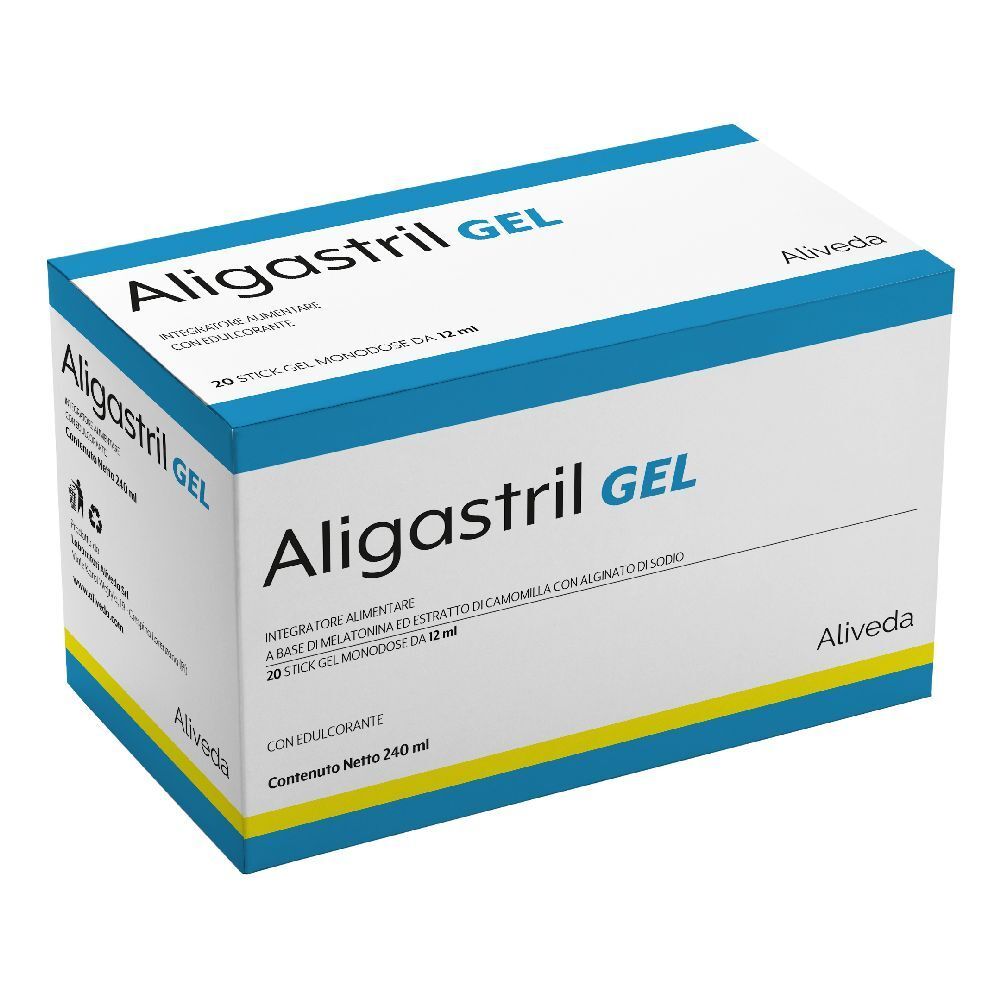 Scatola Aligastril GEL. Confezione blu e bianca con dettagli gialli. Testo: Aligastril GEL, Aiveda. Contiene 20 stick.