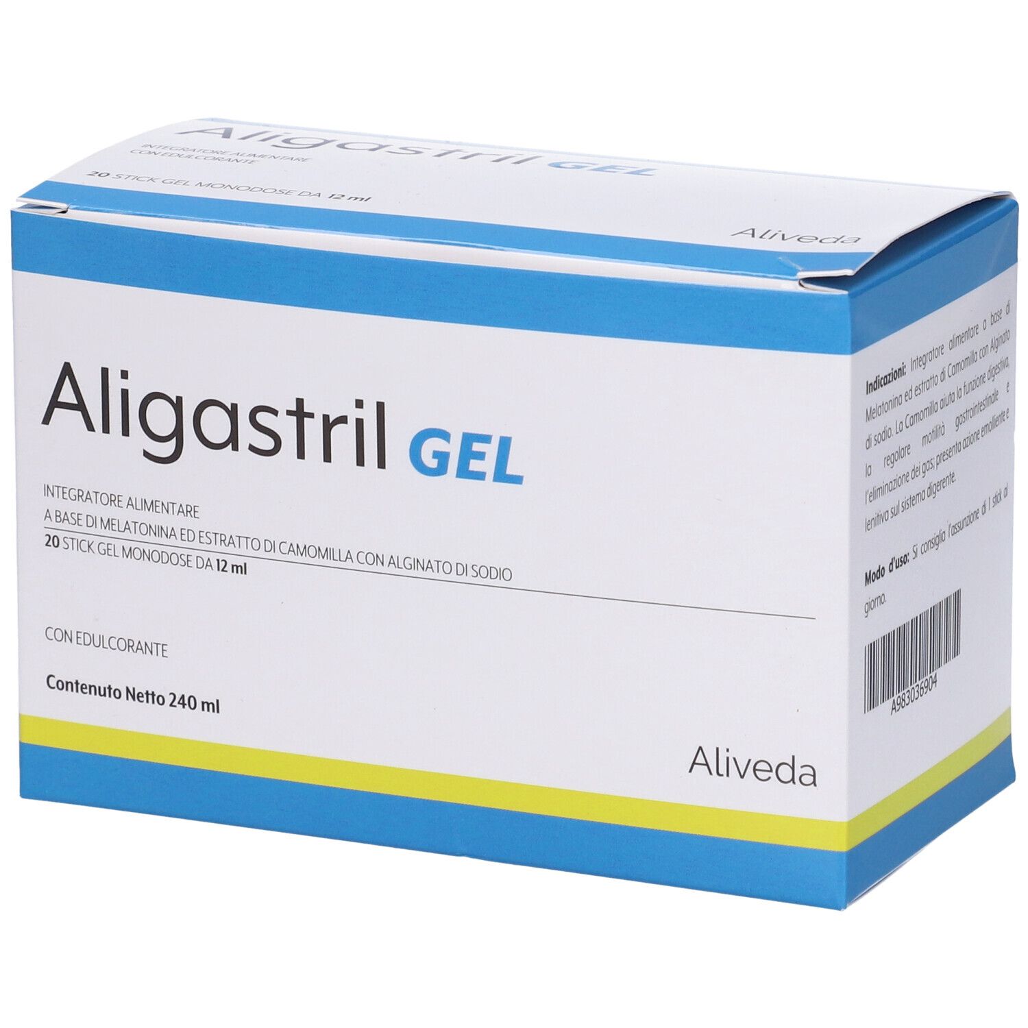 Scatola Aligastril GEL. Confezione blu e bianca con dettagli gialli. Testo: Aligastril GEL, Aiveda. Contiene 20 stick.