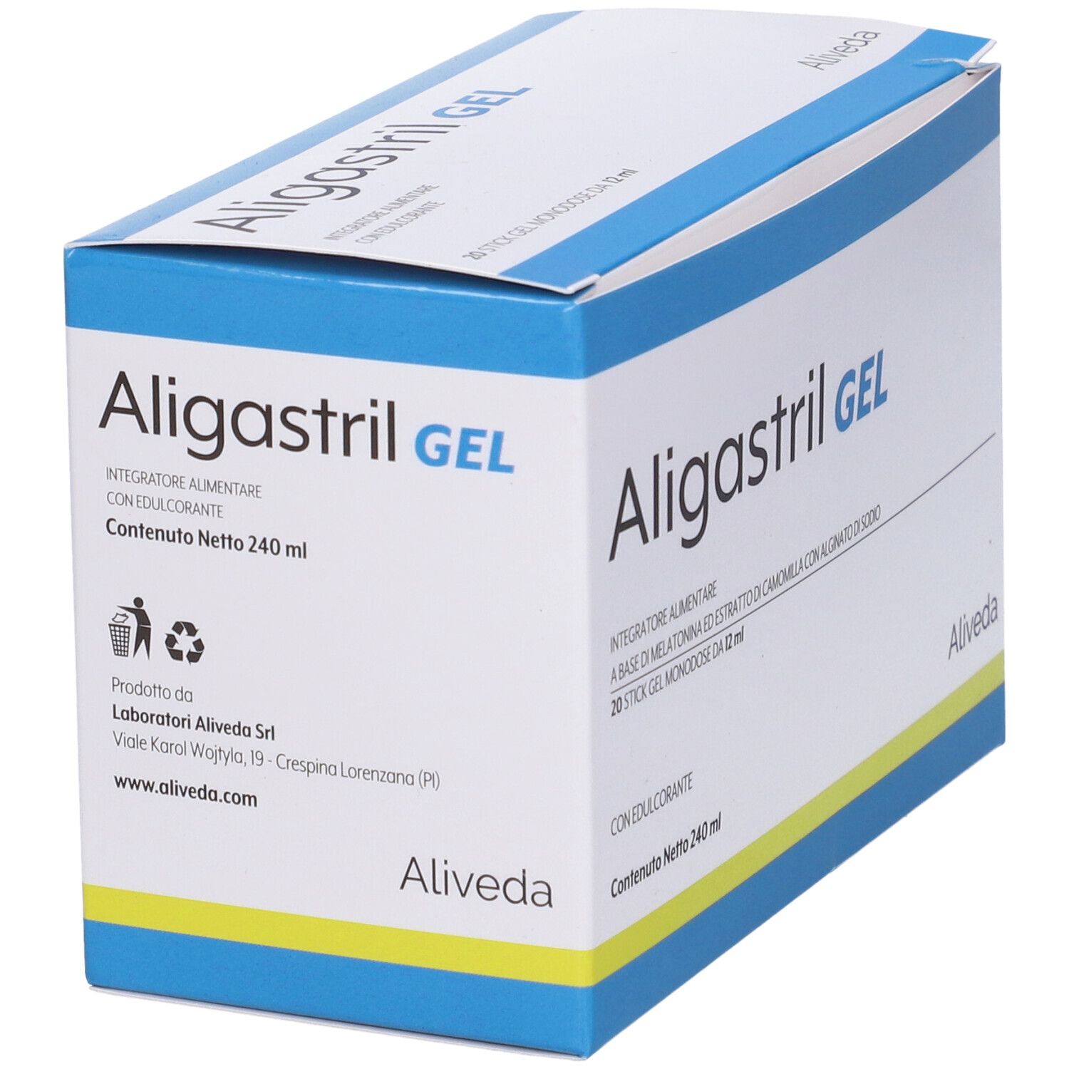 Scatola Aligastril GEL. Confezione blu e bianca con dettagli gialli. Testo: Aligastril GEL, Aiveda. Contiene 20 stick.