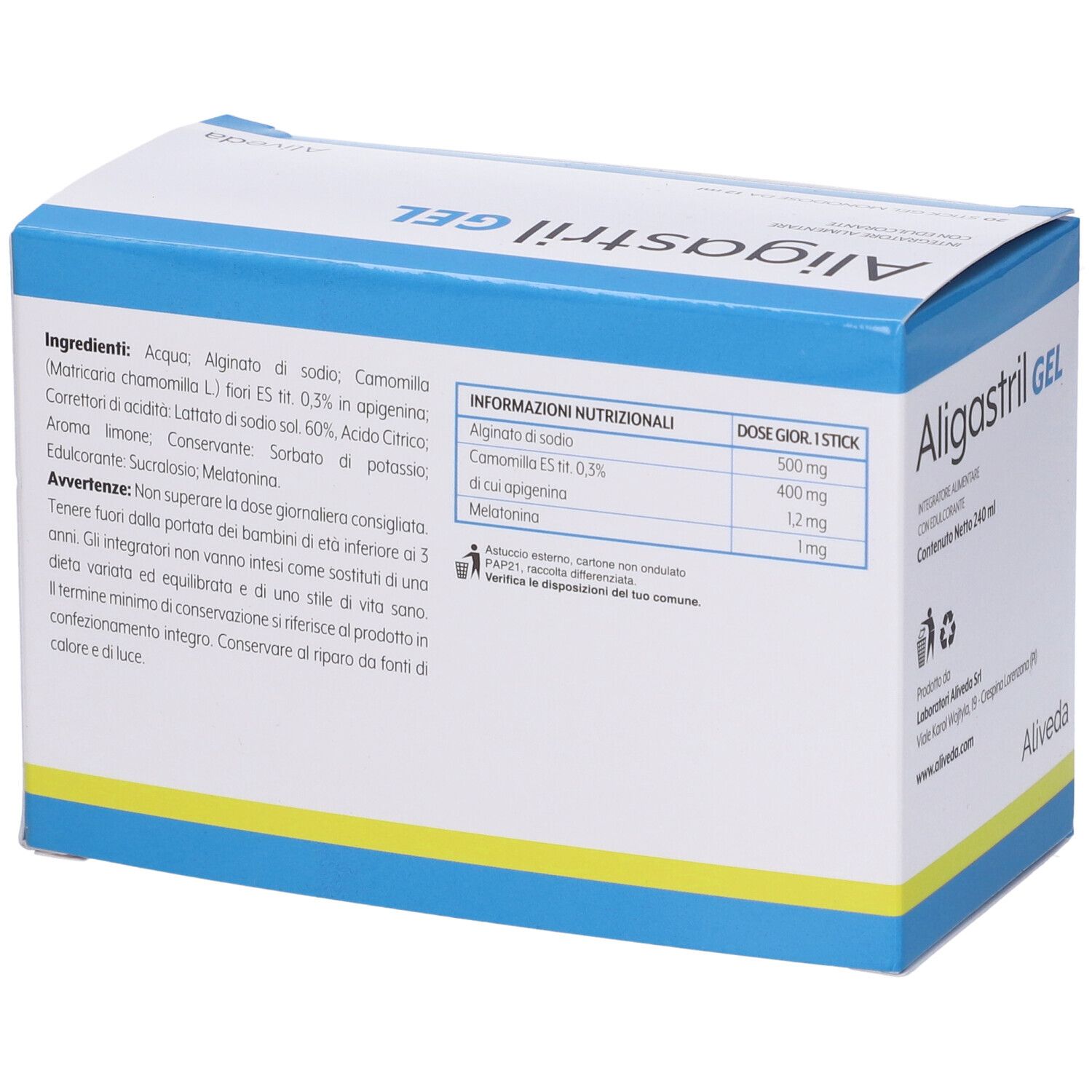 Scatola Aligastril GEL. Confezione blu e bianca con dettagli gialli. Testo: Aligastril GEL, Aiveda. Contiene 20 stick.