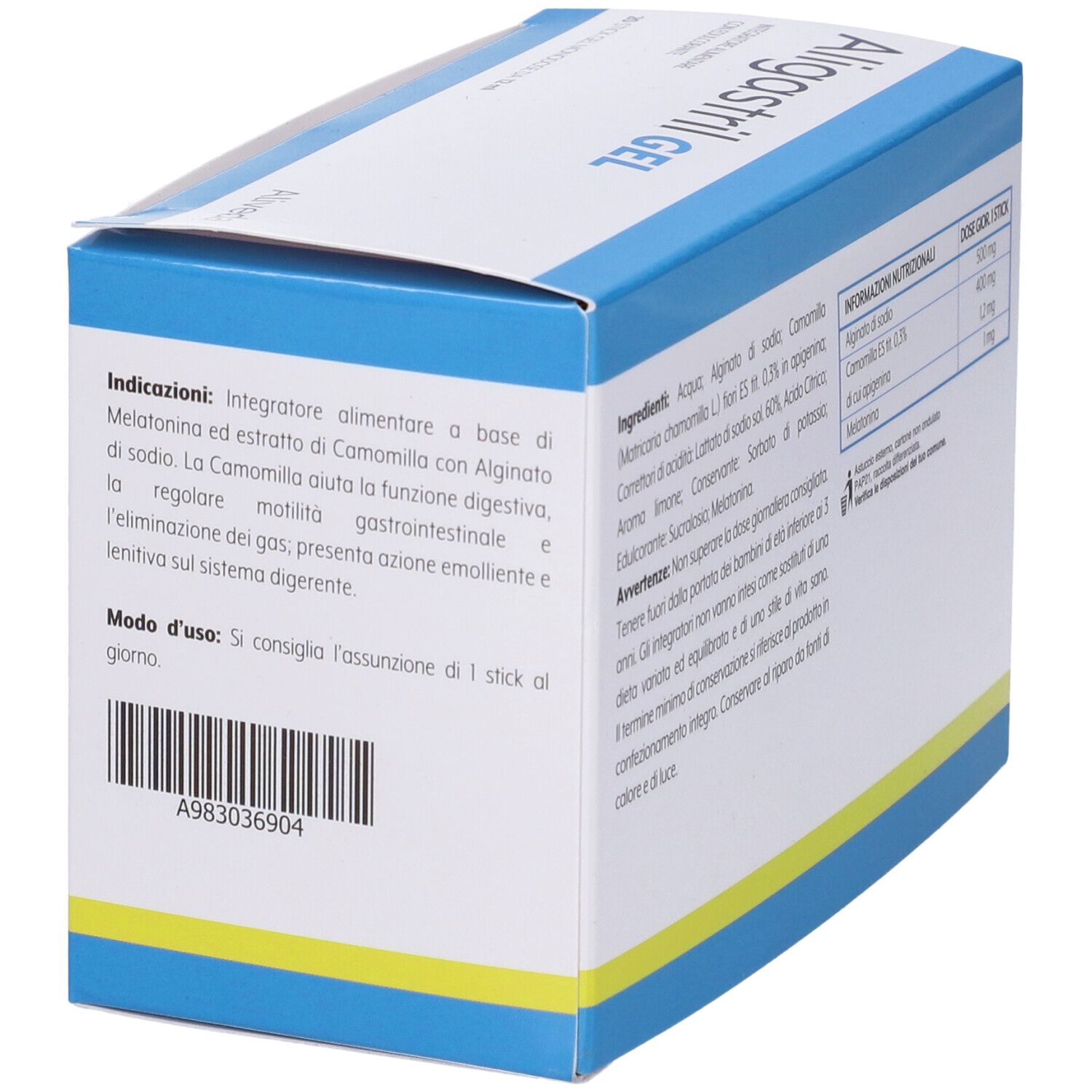 Scatola Aligastril GEL. Confezione blu e bianca con dettagli gialli. Testo: Aligastril GEL, Aiveda. Contiene 20 stick.