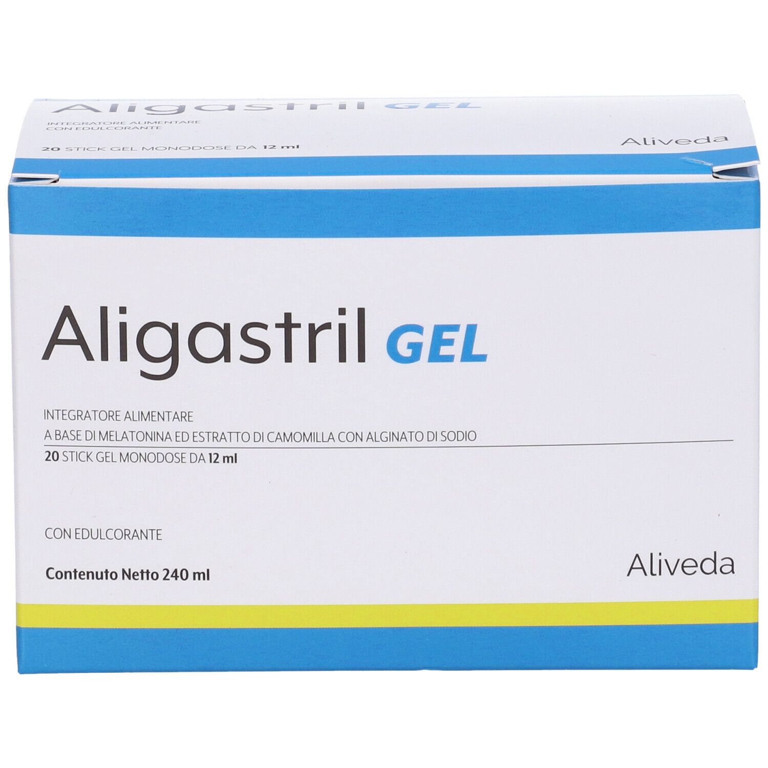Scatola Aligastril GEL. Confezione blu e bianca con dettagli gialli. Testo: Aligastril GEL, Aiveda. Contiene 20 stick.