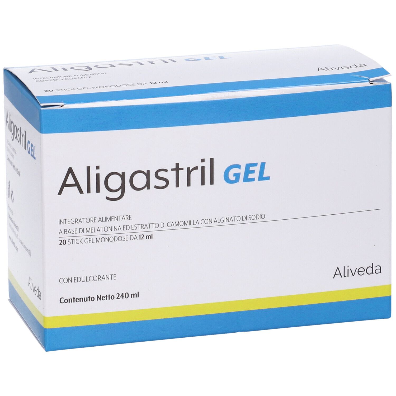 Scatola Aligastril GEL. Confezione blu e bianca con dettagli gialli. Testo: Aligastril GEL, Aiveda. Contiene 20 stick.