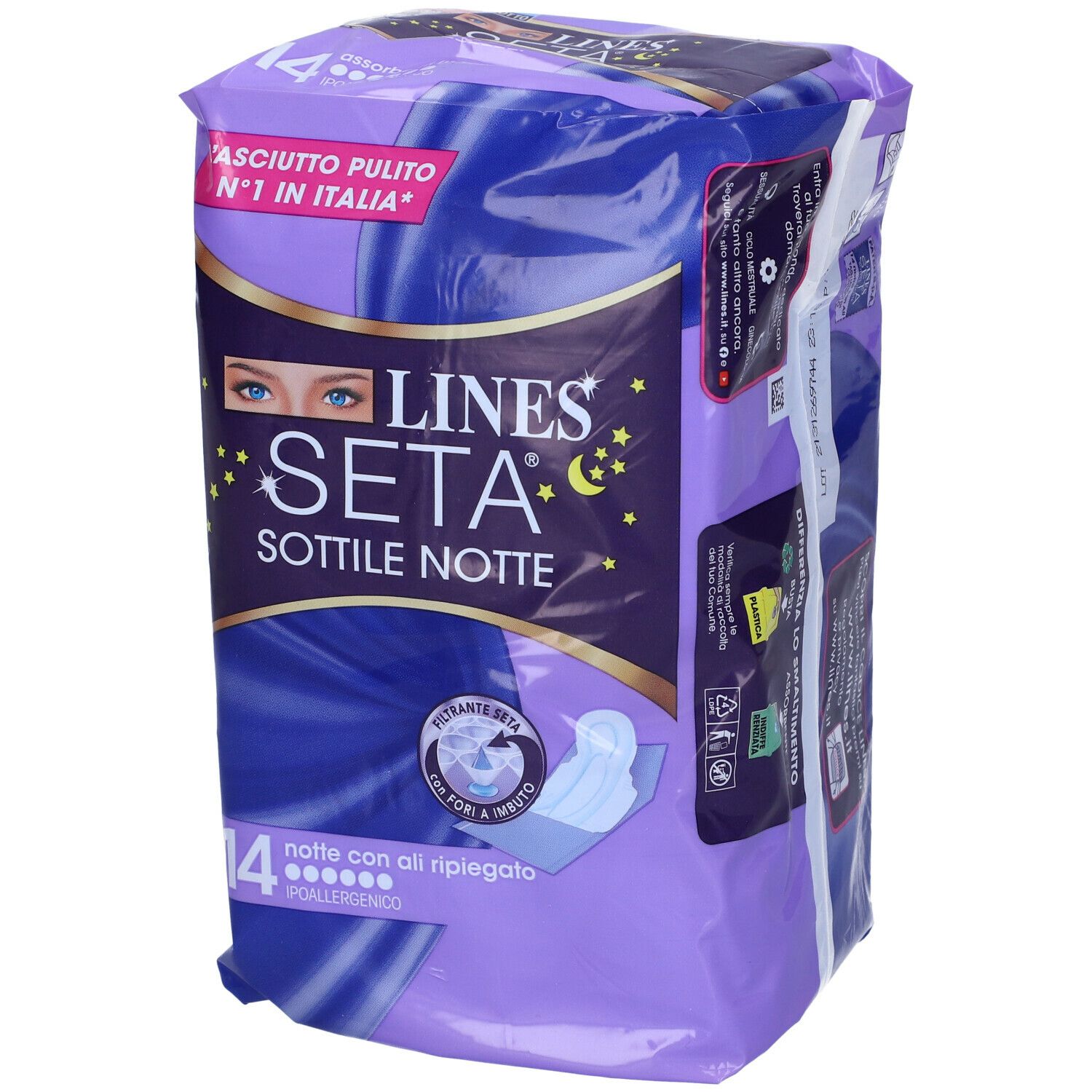 Confezione LINES Seta Sottile Notte. 14 pezzi. Confezione viola, logo e testo del prodotto. Vista dall'alto.