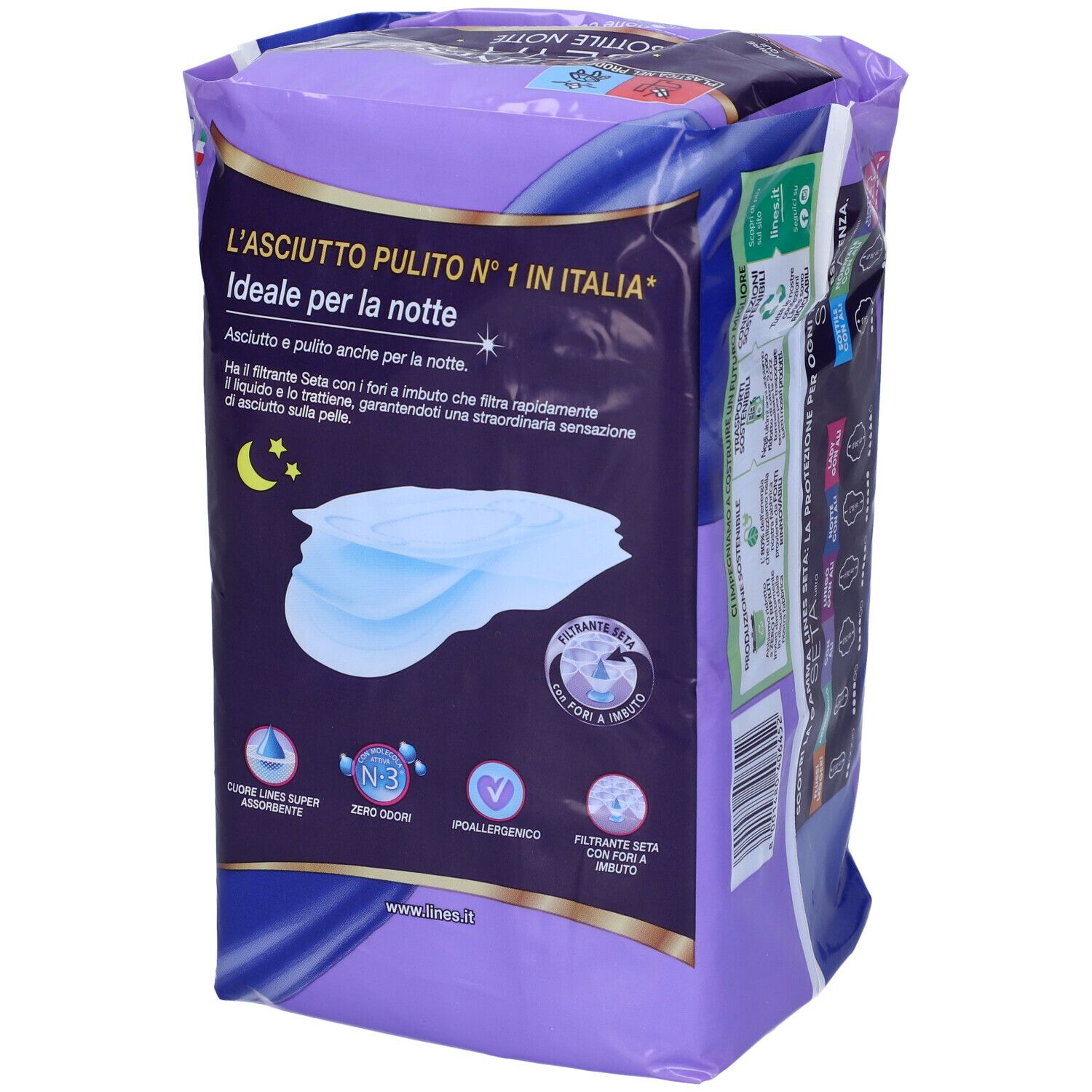 Confezione LINES Seta Sottile Notte. 14 pezzi. Confezione viola, logo e testo del prodotto. Vista posteriore.