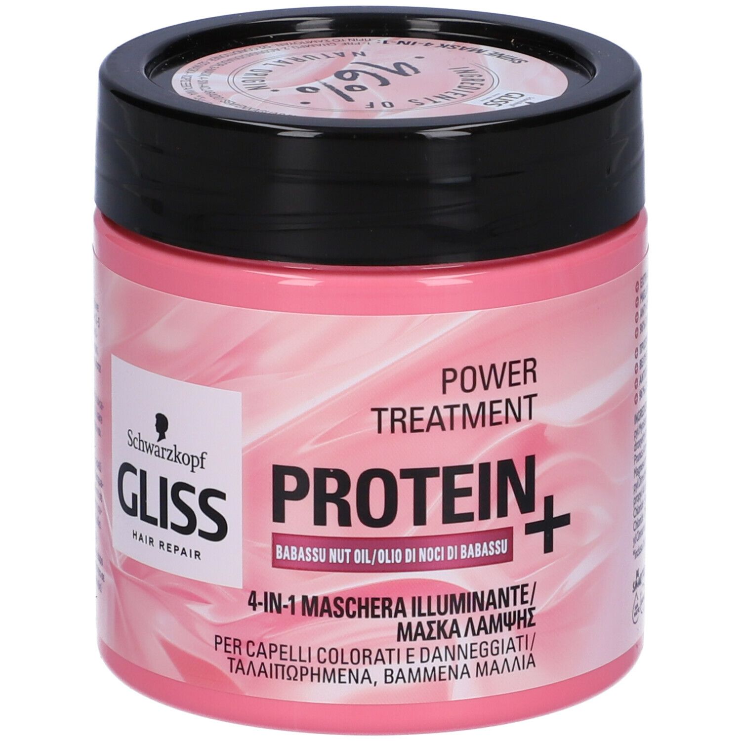 Vaso rosa con coperchio nero. Scritta: Gliss Hair Repair, Protein+, olio di noci di Babassu, maschera 4-in-1.