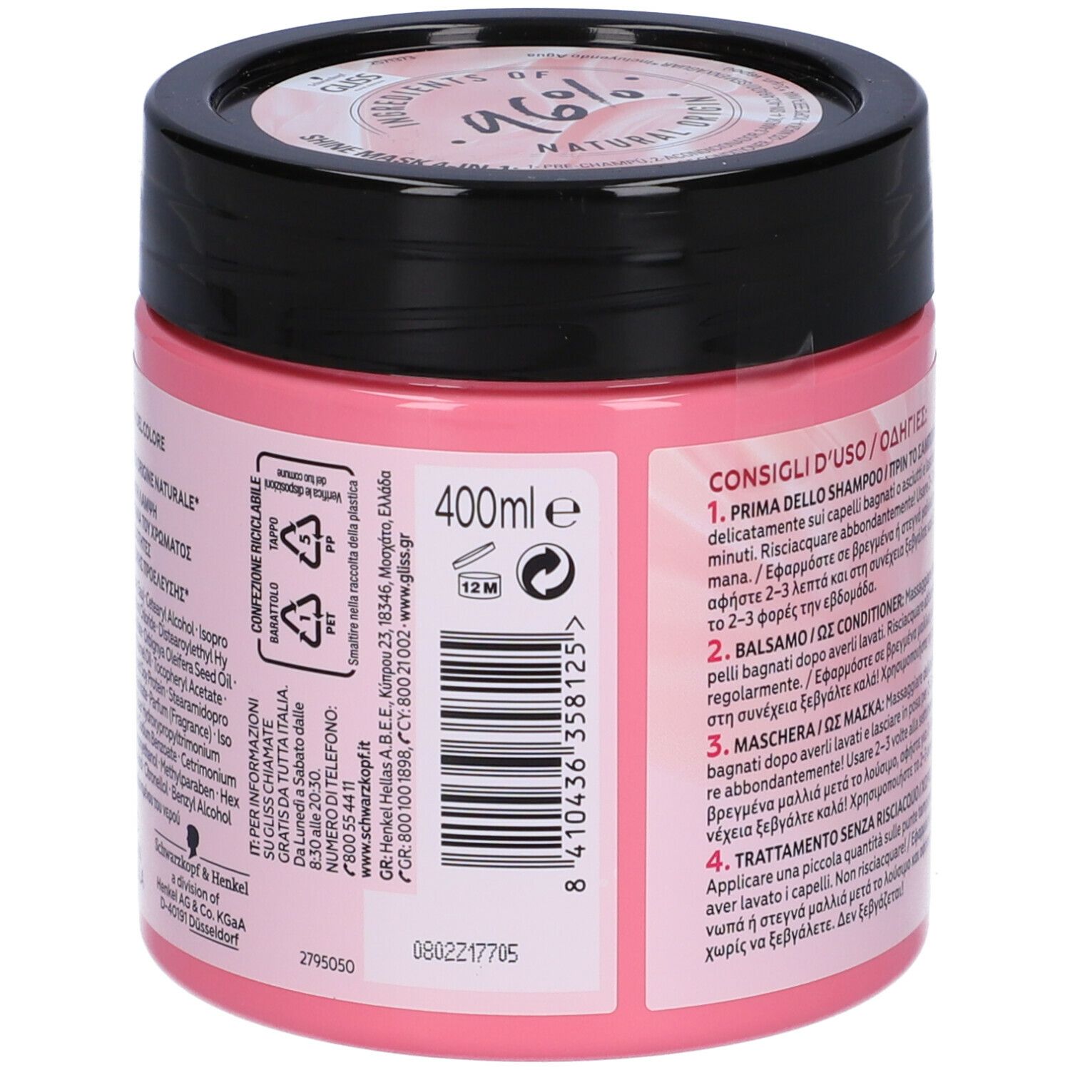 Vaso rosa con coperchio nero. Retro con testo e indicazione 400ml. Scritta: Gliss Hair Repair, Protein+.