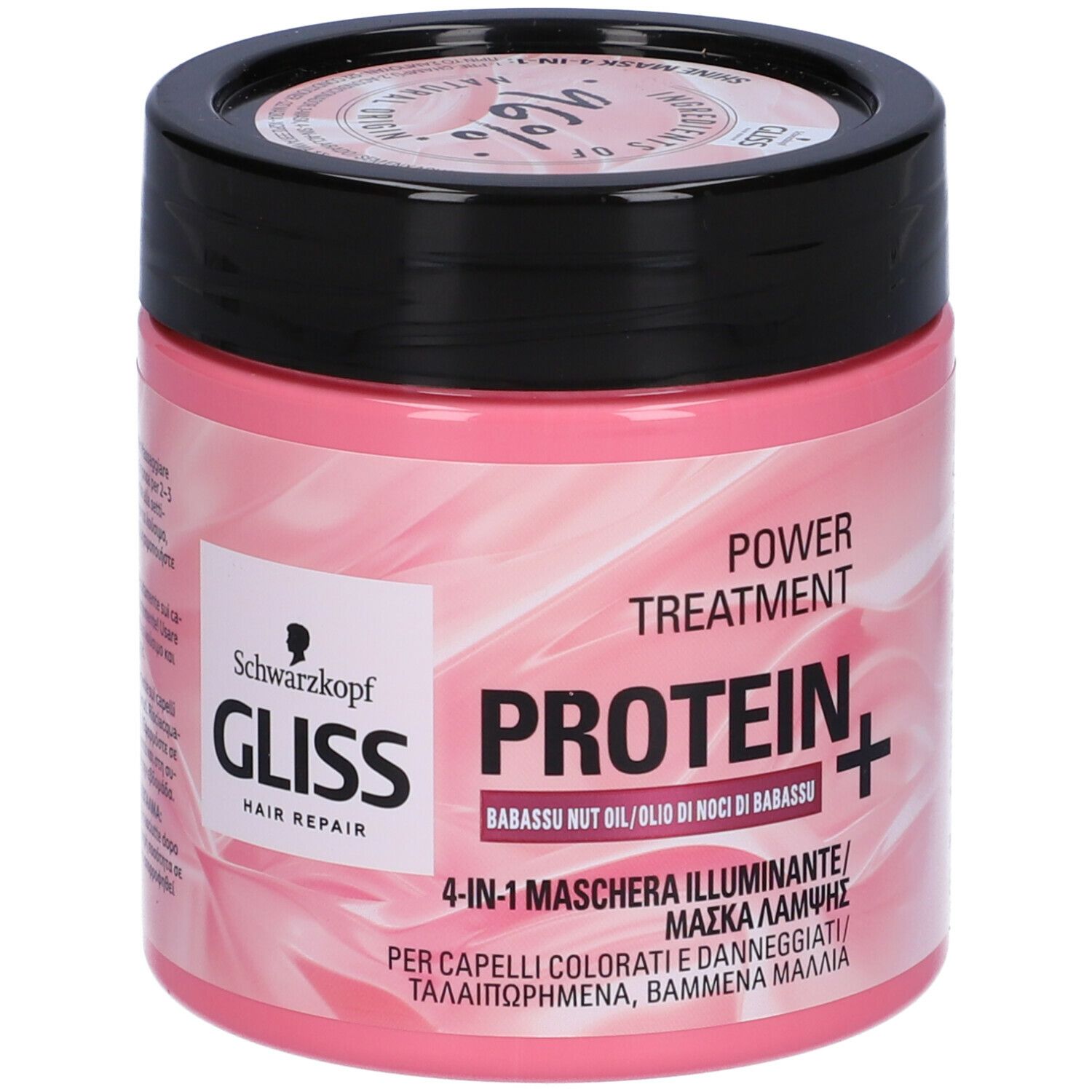 Vaso rosa con coperchio nero. Scritta: Gliss Hair Repair, Protein+, olio di noci di Babassu, maschera 4-in-1.