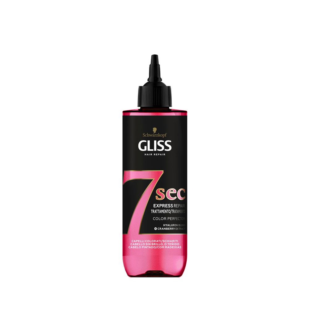 Flacone Schwarzkopf Gliss 7 sec. Flacone nero con base rossa. Scritta: 7 sec, Color Perfector. Con applicatore.