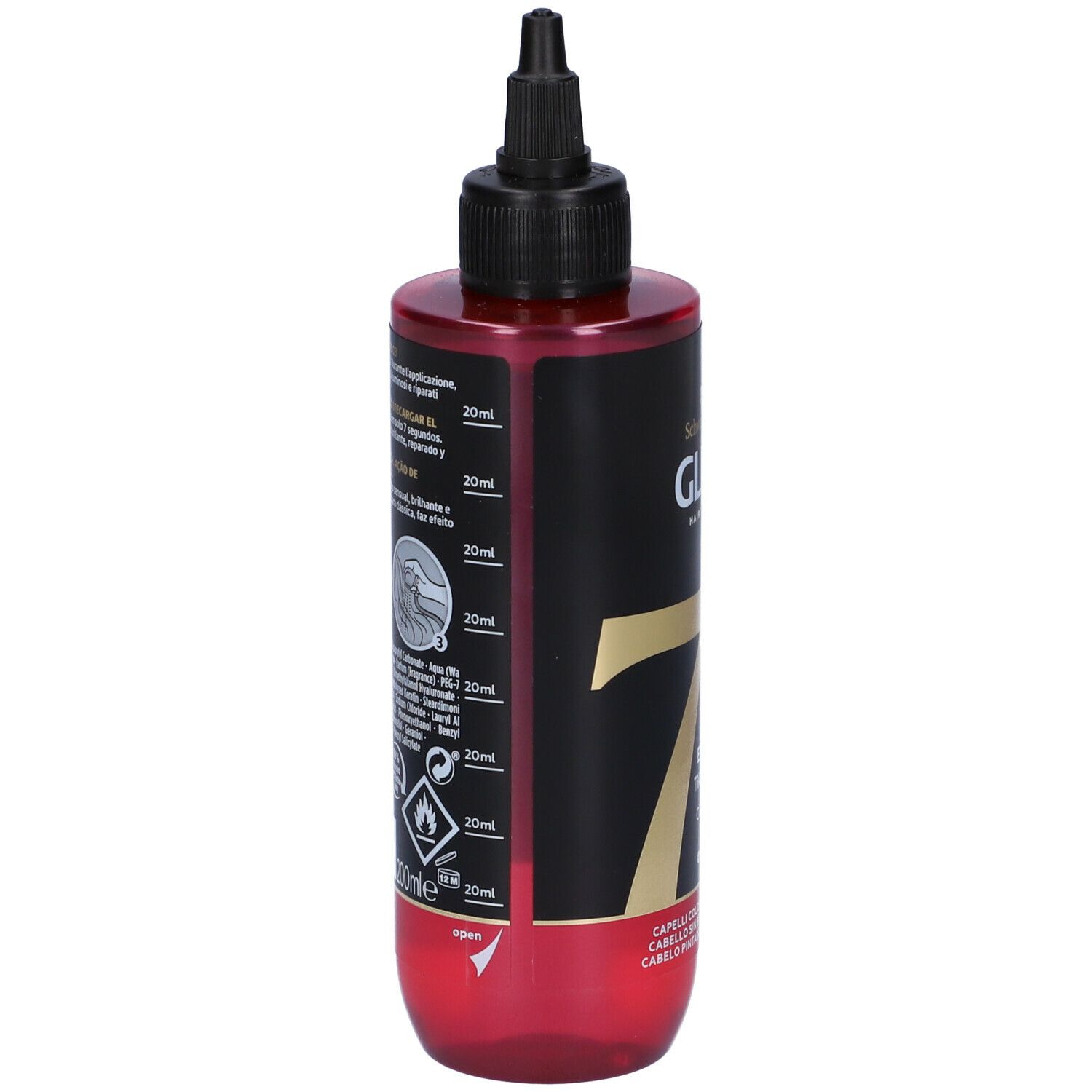 Flacone Schwarzkopf Gliss 7 sec. Flacone nero con base rossa. Scritta: 7 sec, Color Perfector. Con applicatore.