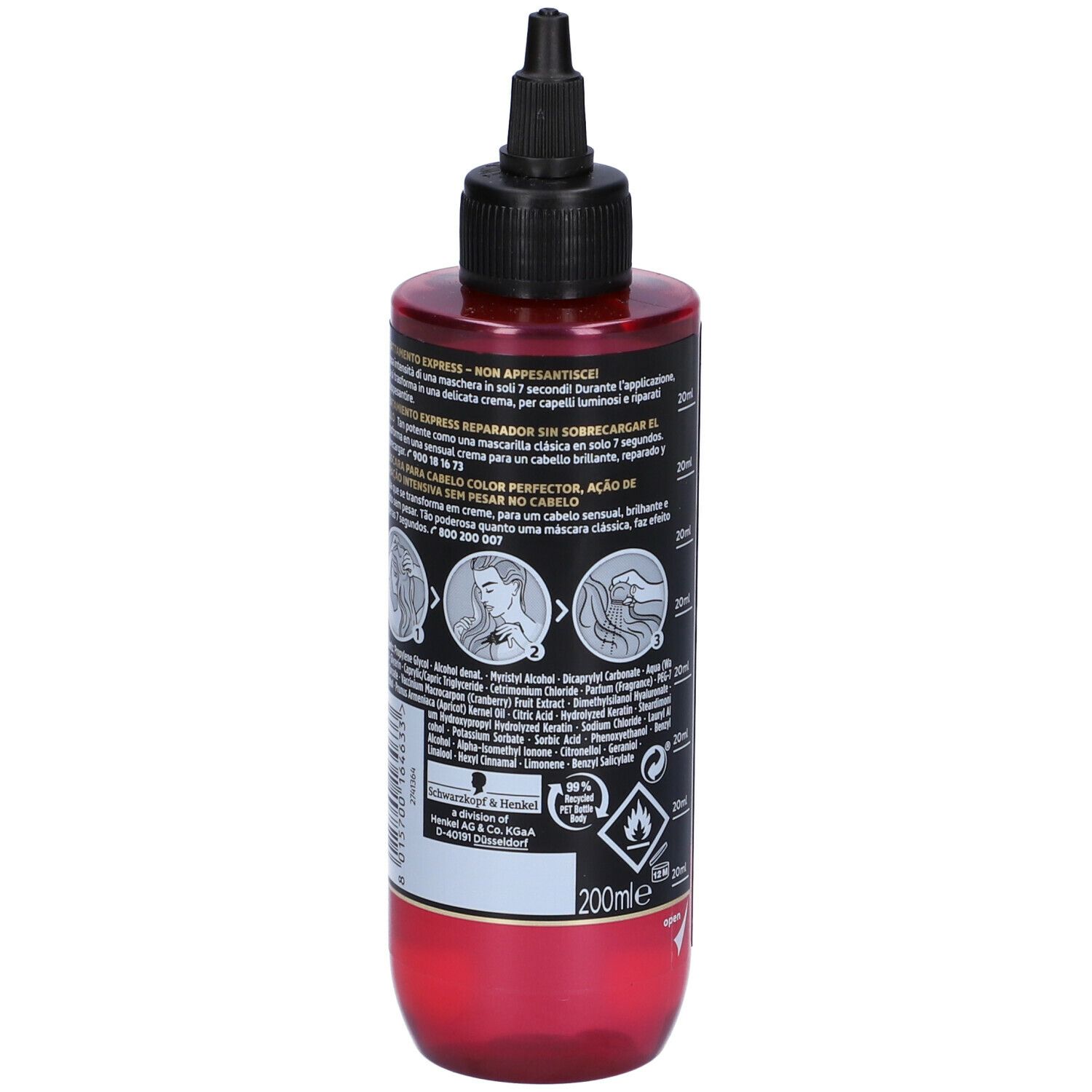 Flacone Schwarzkopf Gliss 7 sec. Flacone nero con base rossa. Scritta: 7 sec, Color Perfector. Con applicatore.