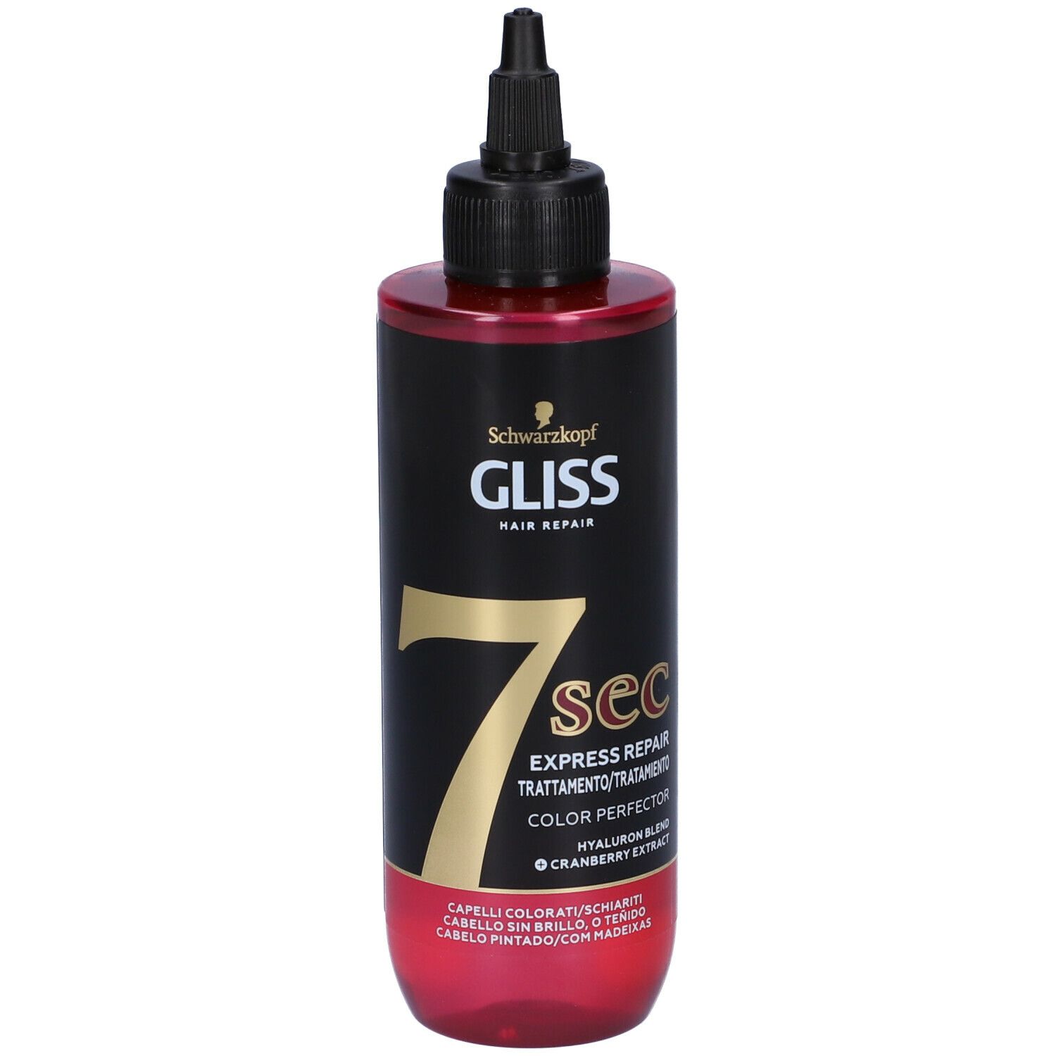 Flacone Schwarzkopf Gliss 7 sec. Flacone nero con base rossa. Scritta: 7 sec, Color Perfector. Con applicatore.