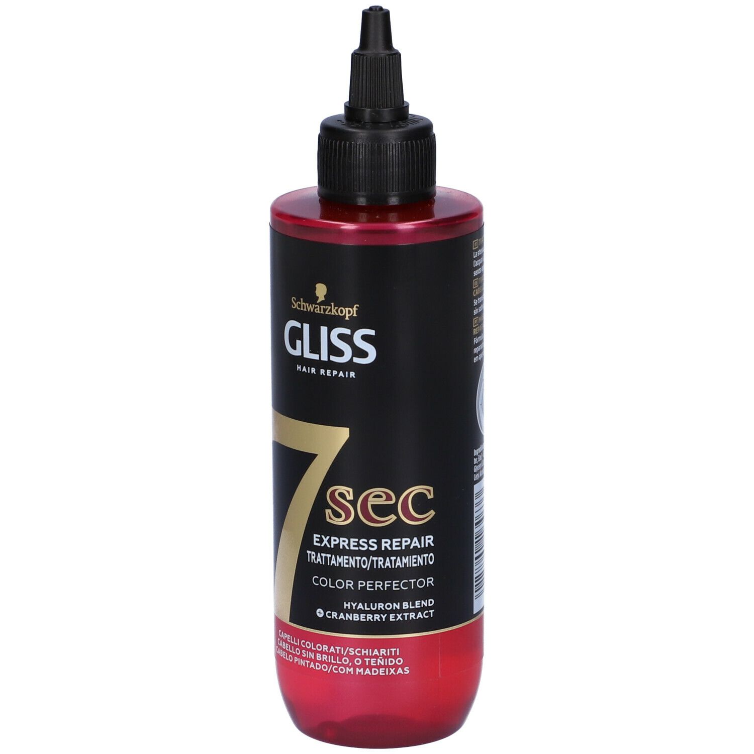 Flacone Schwarzkopf Gliss 7 sec. Flacone nero con base rossa. Scritta: 7 sec, Color Perfector. Con applicatore.