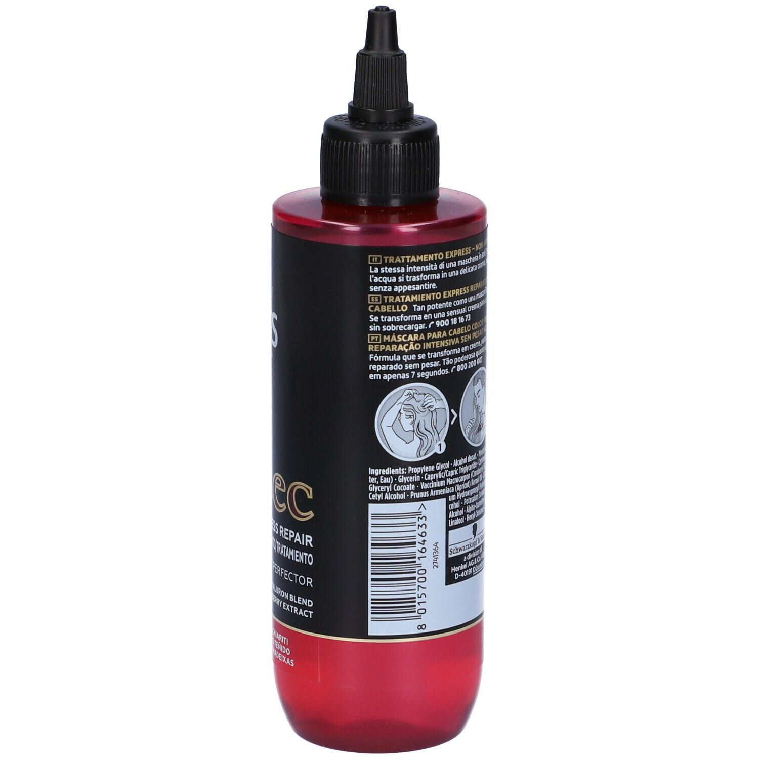 Flacone Schwarzkopf Gliss 7 sec. Flacone nero con base rossa. Scritta: 7 sec, Color Perfector. Con applicatore.