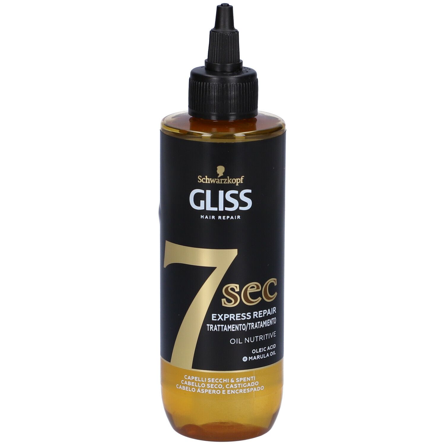 Schwarzkopf Gliss 7 sec trattamento olio. Flacone nero, scritta oro. Nome prodotto e ingredienti.