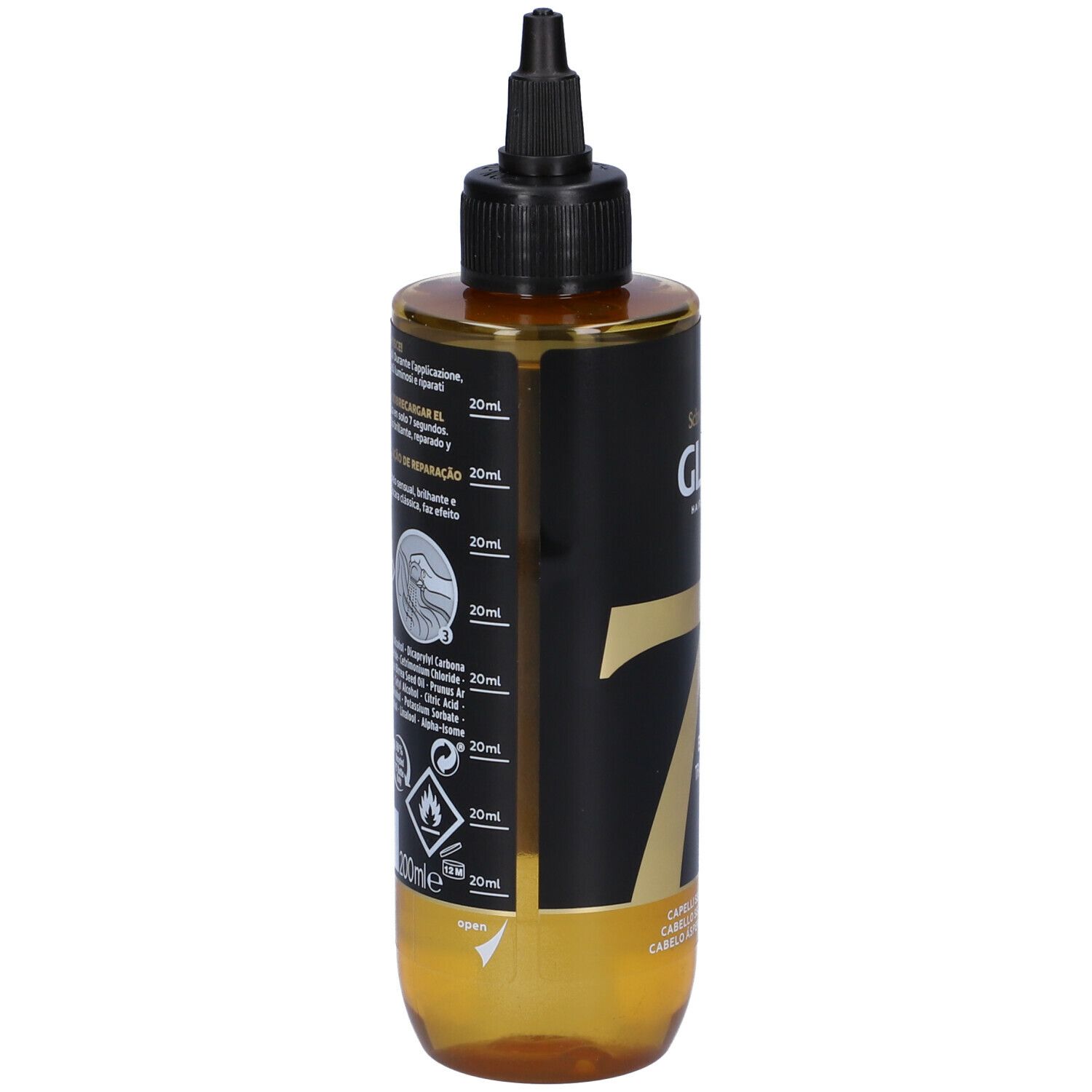 Schwarzkopf Gliss 7 sec trattamento olio. Flacone con informazioni prodotto. Vista laterale.