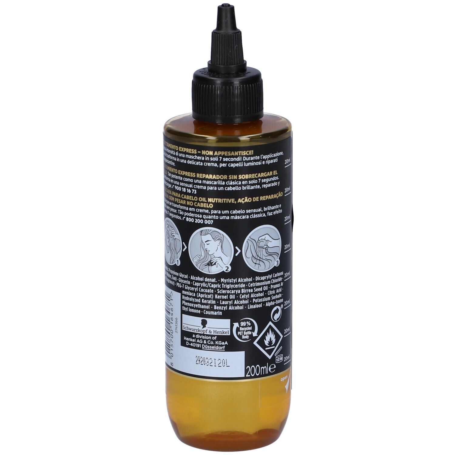 Schwarzkopf Gliss 7 sec trattamento olio. Retro flacone. Istruzioni e ingredienti.
