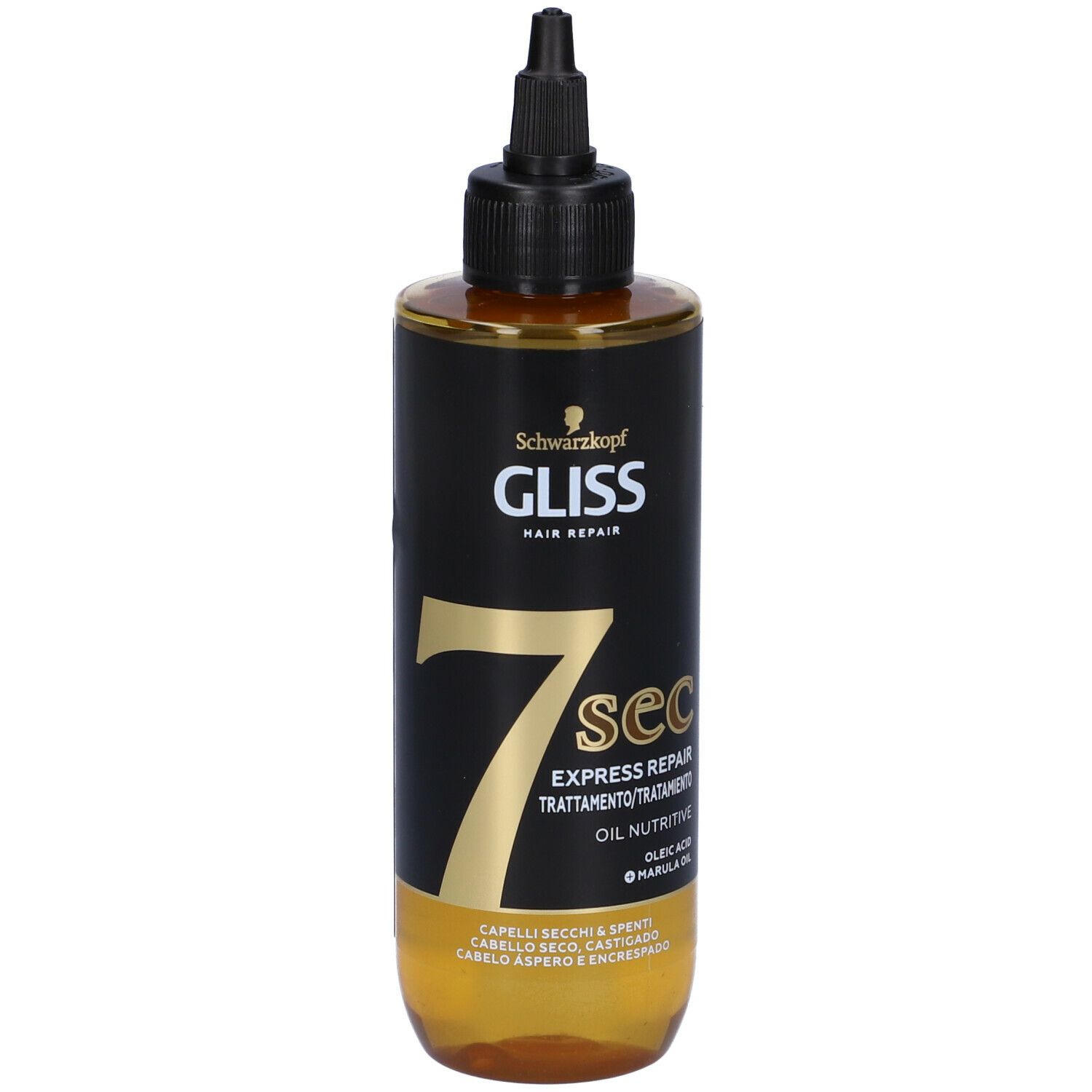 Schwarzkopf Gliss 7 sec trattamento olio. Flacone nero, scritta oro. Nome prodotto e ingredienti.