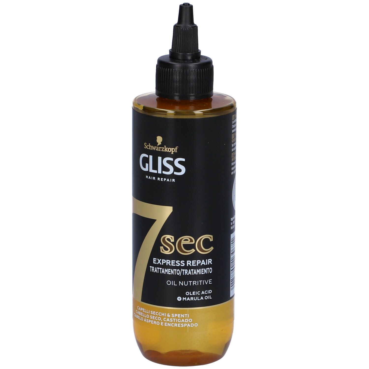 Schwarzkopf Gliss 7 sec trattamento olio. Flacone nero, scritta oro. Nome prodotto e ingredienti.