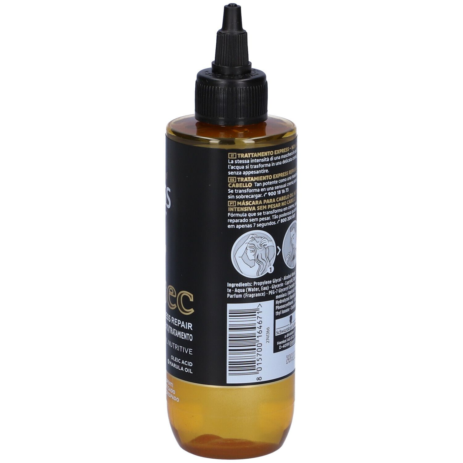 Schwarzkopf Gliss 7 sec trattamento olio. Retro flacone. Istruzioni e ingredienti.