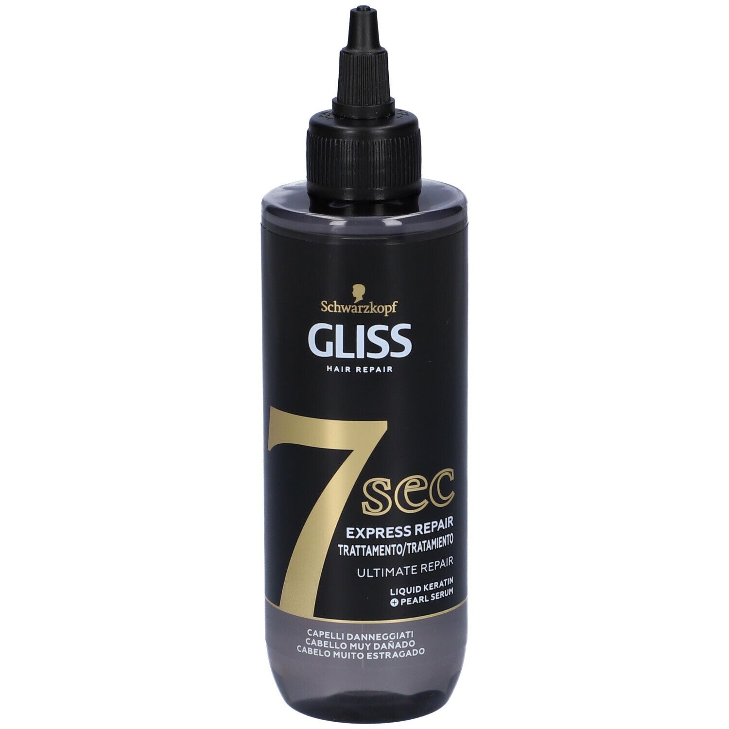 Flacone Schwarzkopf Gliss. Flacone nero con beccuccio dosatore. Scritta GLISS, 7 sec, Ultimate Repair.